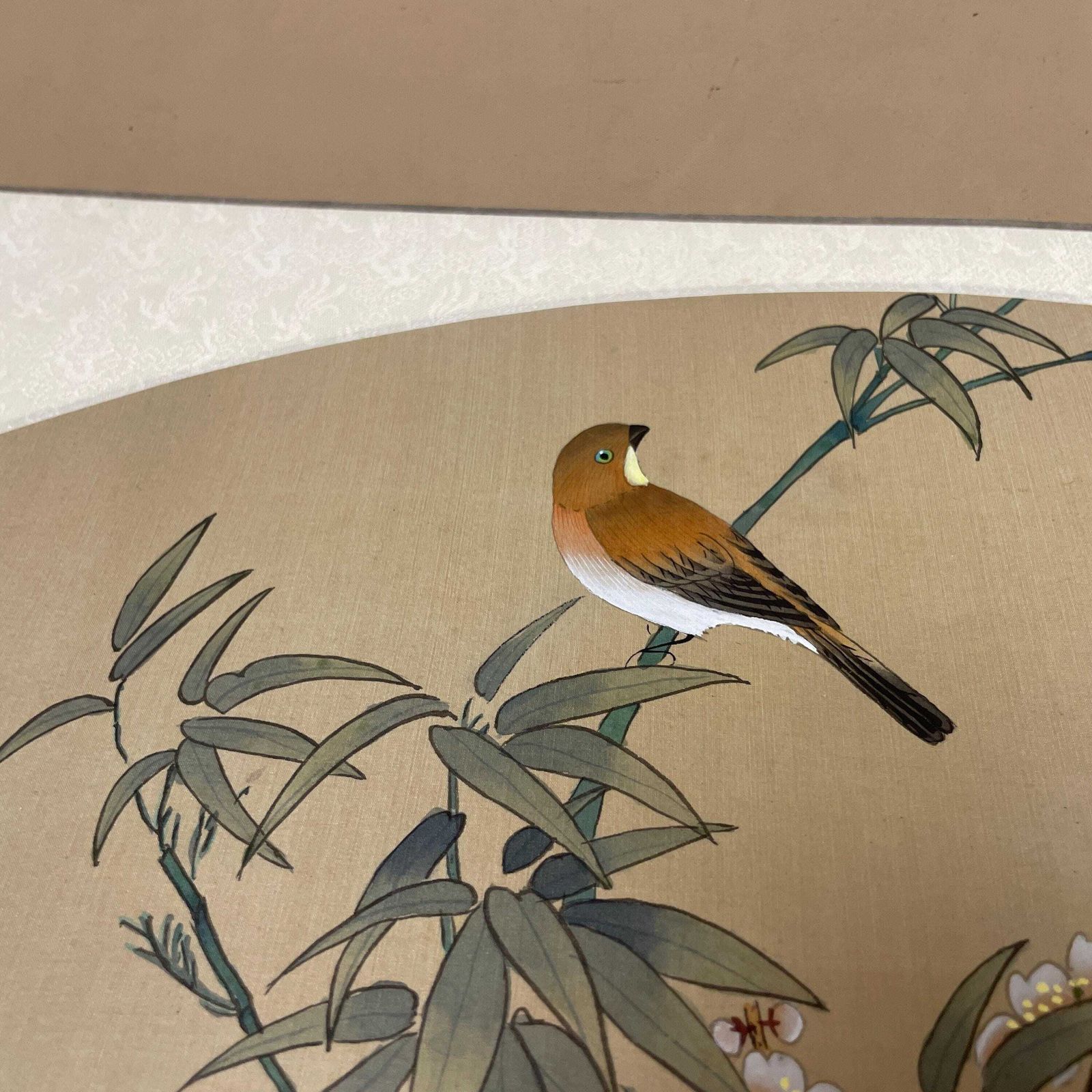 photo furniture Oriental Silk Fan Art Pair Floral Bird Hand Painted Botanical Pictures Unframed Asian Blossom Set Of 2 Paintings
