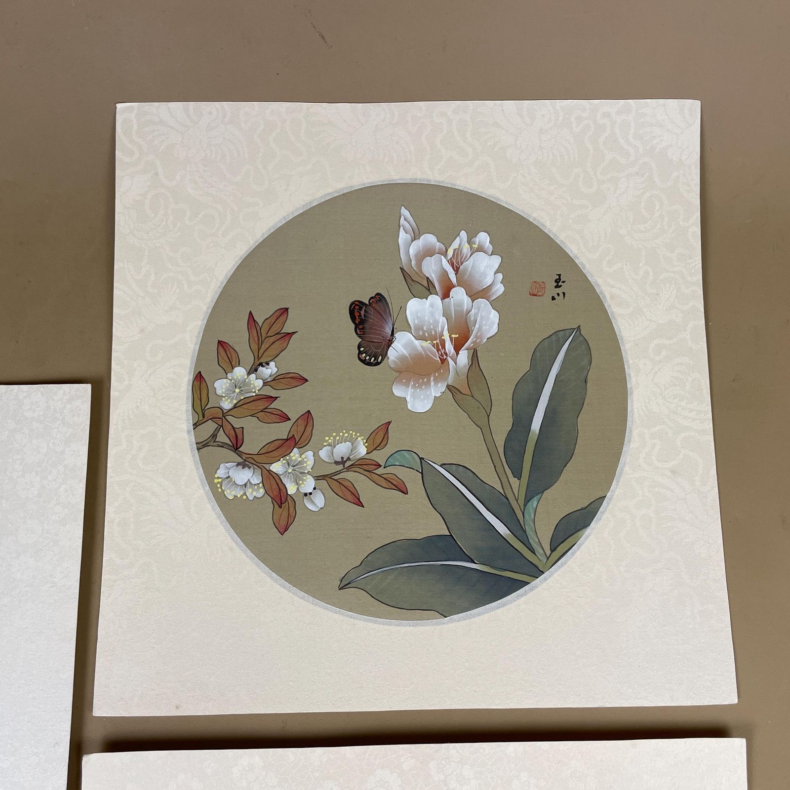 Trio Oriental Pictures Butterfly Floral Hand Painted Silk Botanical Unframed Asian Blossom Set Of 3 Paintings Mounted photo Art
