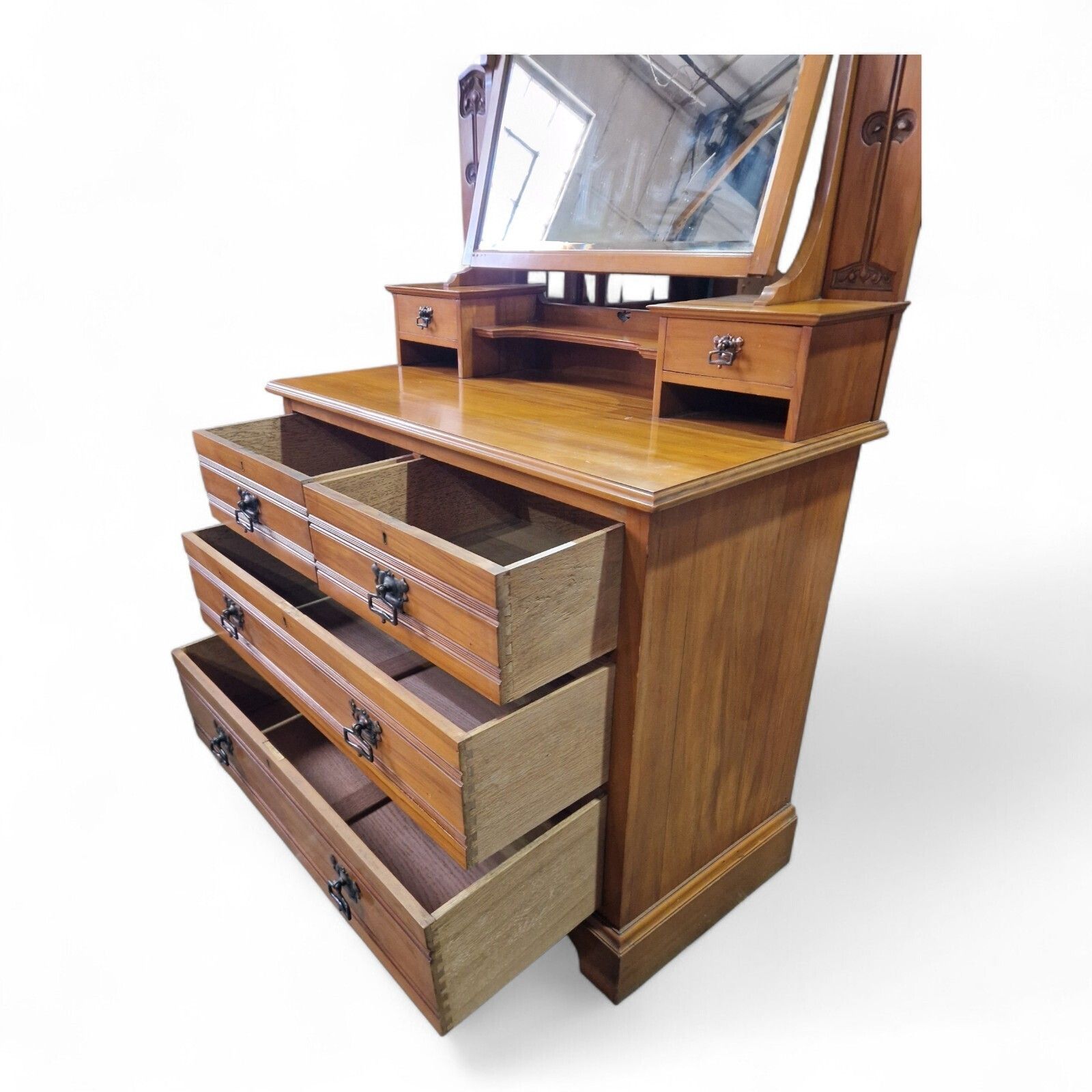 photo vintage Victorian Art Nouveau Satinwood Dressing Chest Mirror Vanity Of 6 Drawers