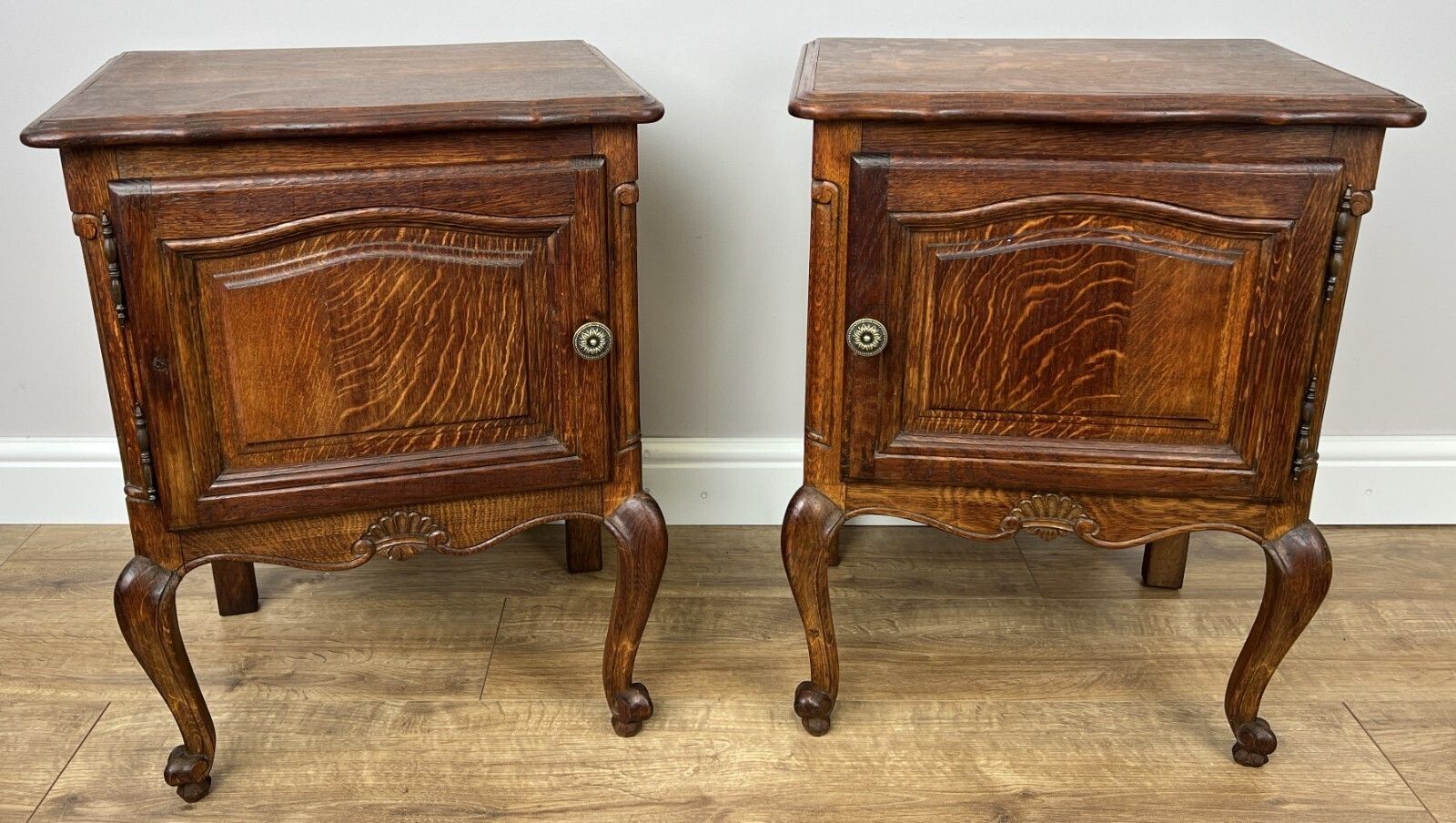 Pair Of Bedside Tables Vintage French Louis Oak Nightstands Cabinets photo for sale