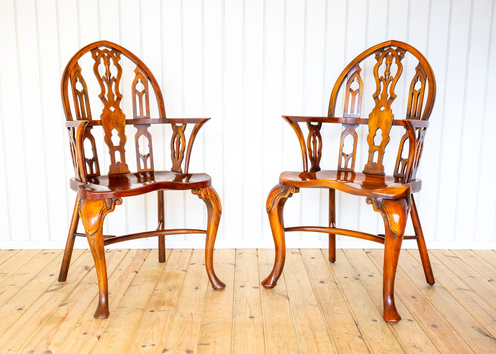 Pair Of Gothic Windsor Armchairs Steeple Back Strawberry Hill Thames Valley Gothi.C Revival Carved Theodore Alexander Fine Country House photo vintage