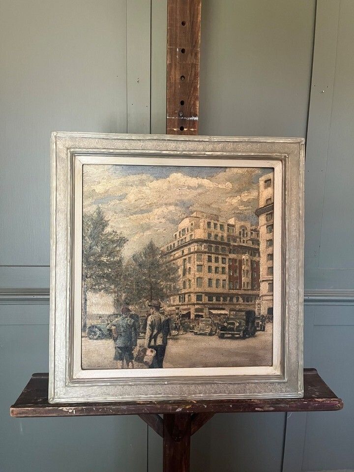 photo vinterior Oil Painting Of Park Lane, London By Leslie Woollaston Dated 1939 Signed/Framed