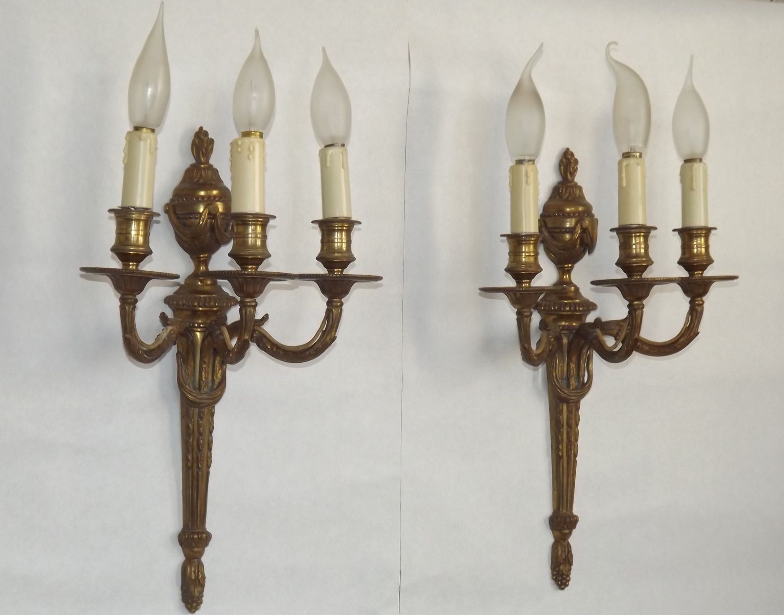 Magnificent Pair French Antique Bronze Triple Wall Lights Urn & Swag Detail photo furniture
