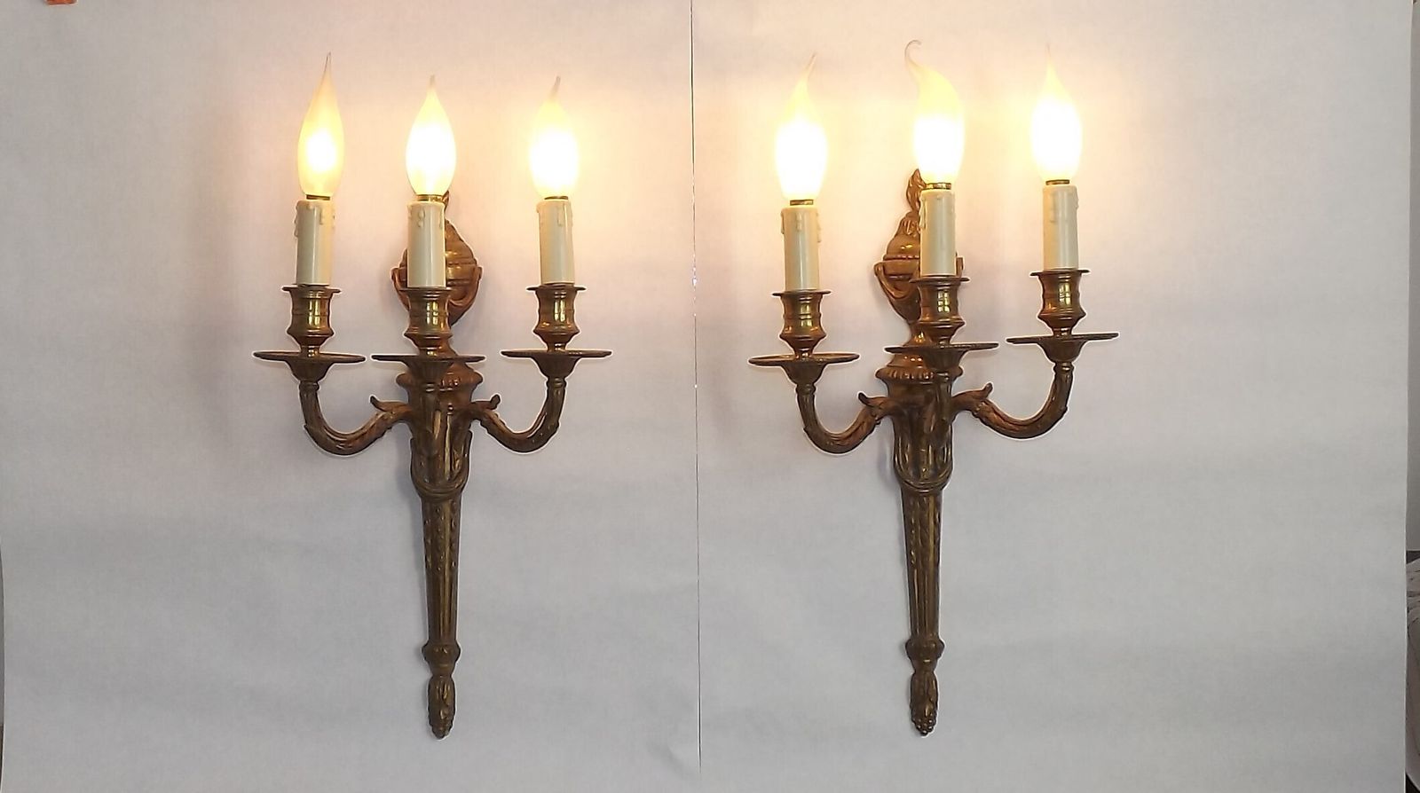 Magnificent Pair French Antique Bronze Triple Wall Lights Urn & Swag Detail photo for sale