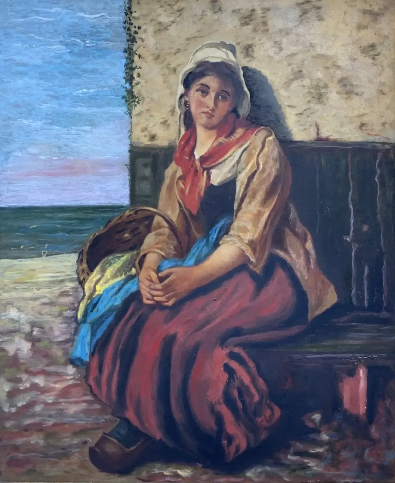 Original Antique Portrait Oil Painting Of A Dutch Fisher Girl 19th Century photo for sale