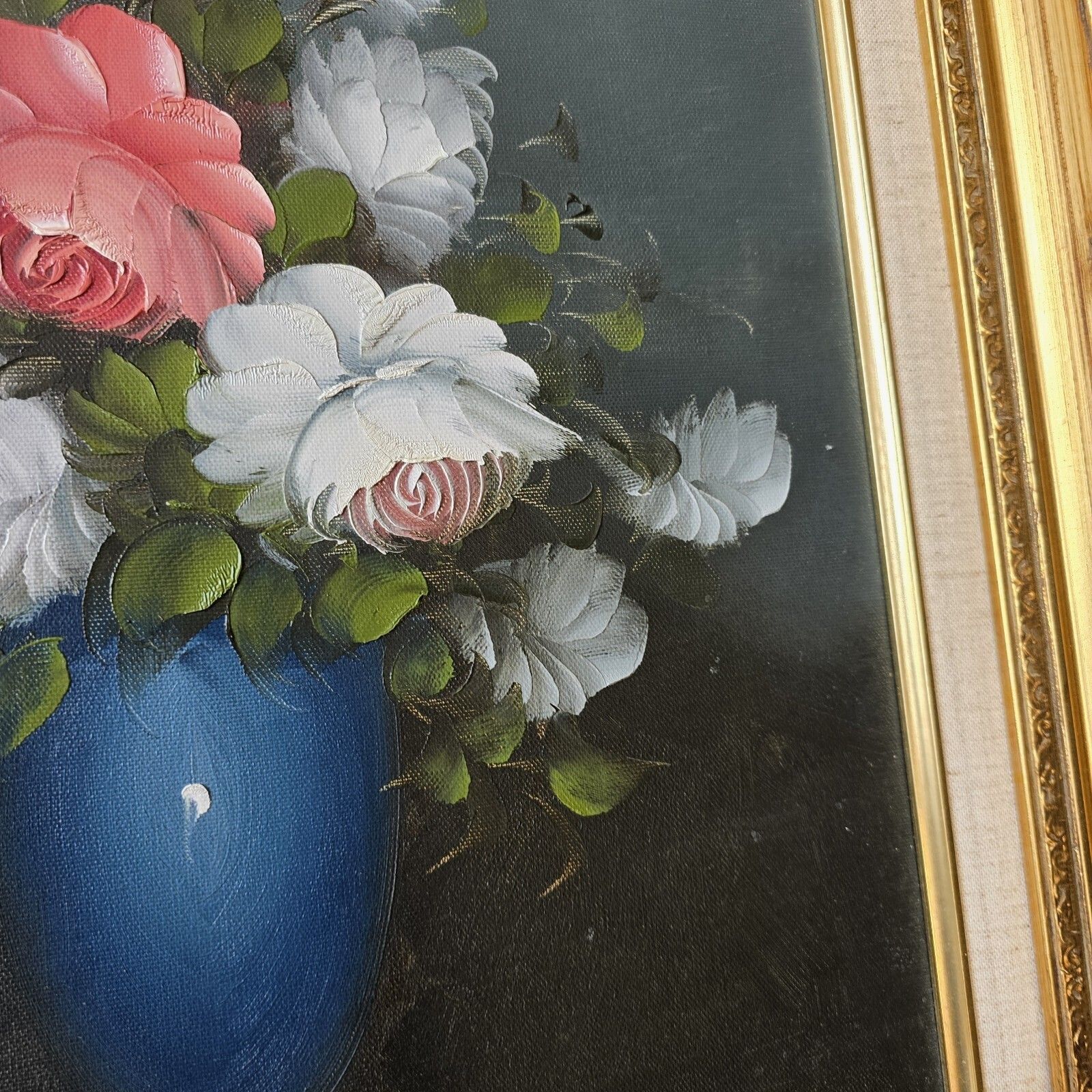 Vintage Oil Painting Flowers In Vase Still Life Framed Golden Gilt 54 X 63 Cm photo vinterior