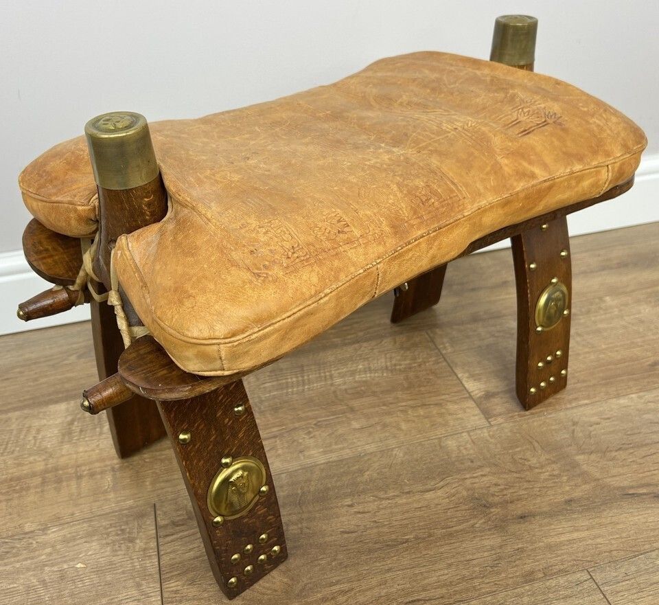 Footstool Vintage Style Oak Stool Brass Upholstered Leather Seat Lot 4957