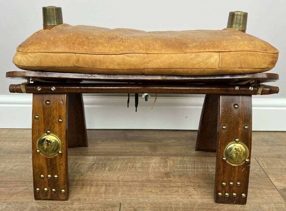 Footstool Vintage Style Oak Stool Brass Upholstered Leather Seat Lot 4957 photo Furniture