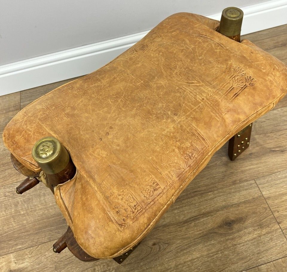 Furniture Footstool Vintage Style Oak Stool Brass Upholstered Leather Seat Lot 4957 photo