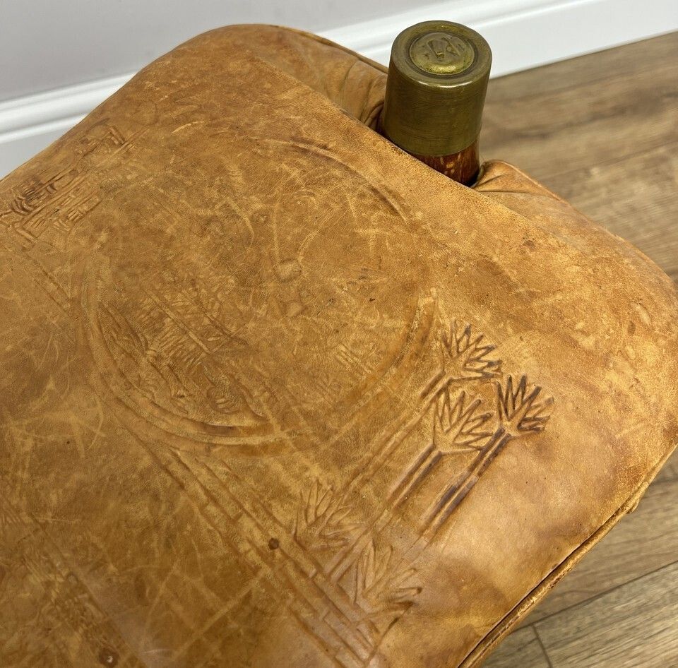 249.0 Footstool Vintage Style Oak Stool Brass Upholstered Leather Seat Lot 4957 photo