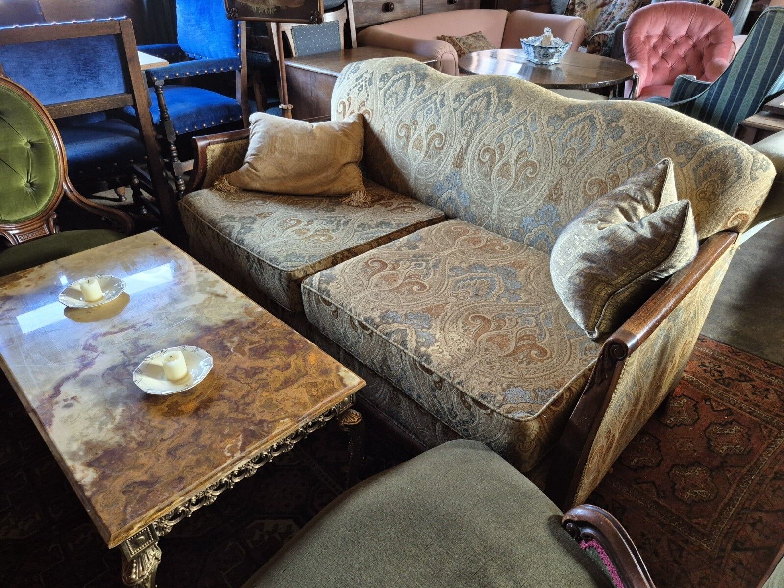 A Fab Vintage 1930 Art Deco Sily Damask Blues & Greens Oak Frame Two Seater Sofa photo vintage