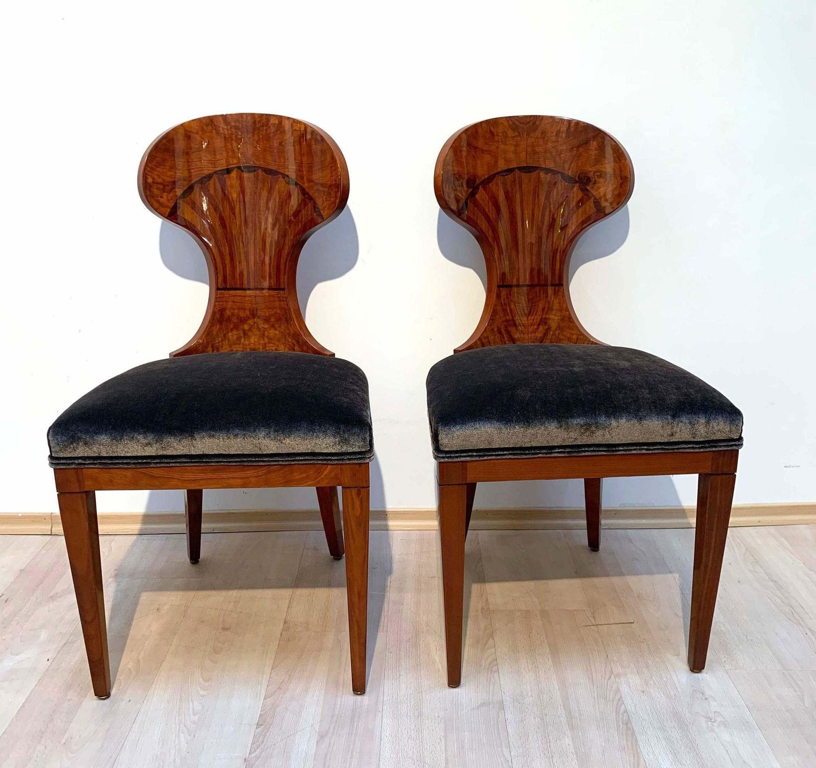 Set Of Four Austrian Biedermeier Chairs, Ash Veneer, Grey Velvet, Circa 1890 photo vintage