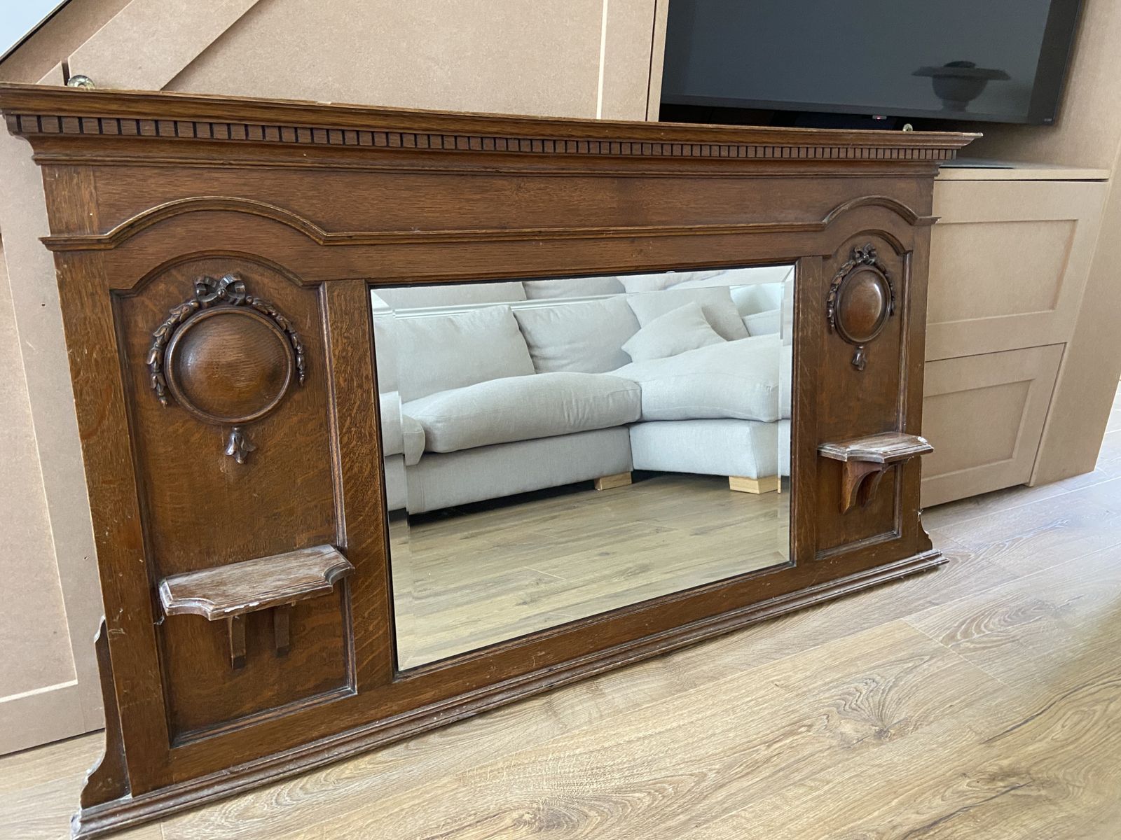 Victorian Solid Oak Overmantel Mirror C.1880 – Carved Panels, Shelves & Original Character photo for sale
