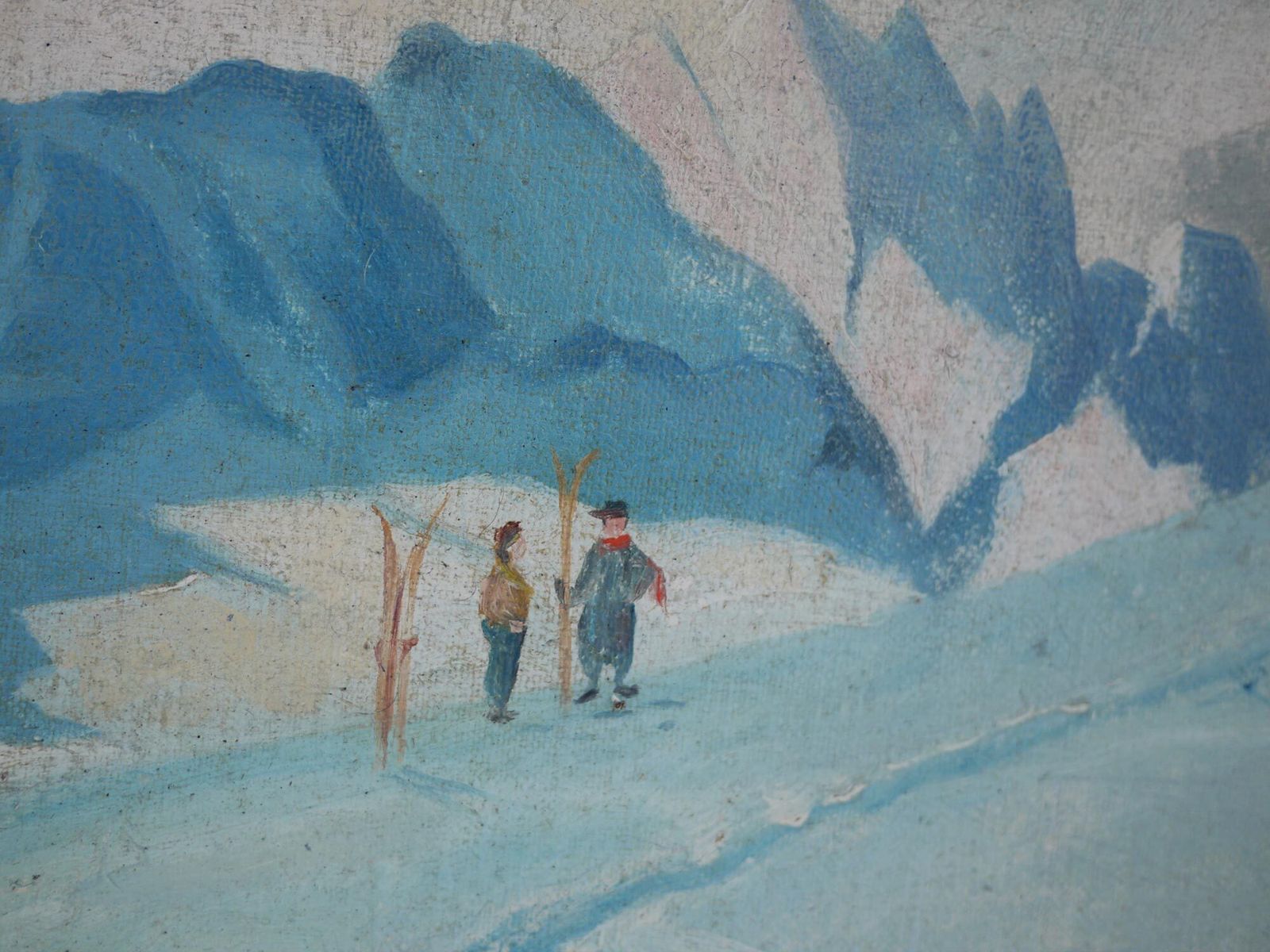 Antique Painting "Skiers In Garmisch, Alpspitze"   Early XX Century photo vinterior