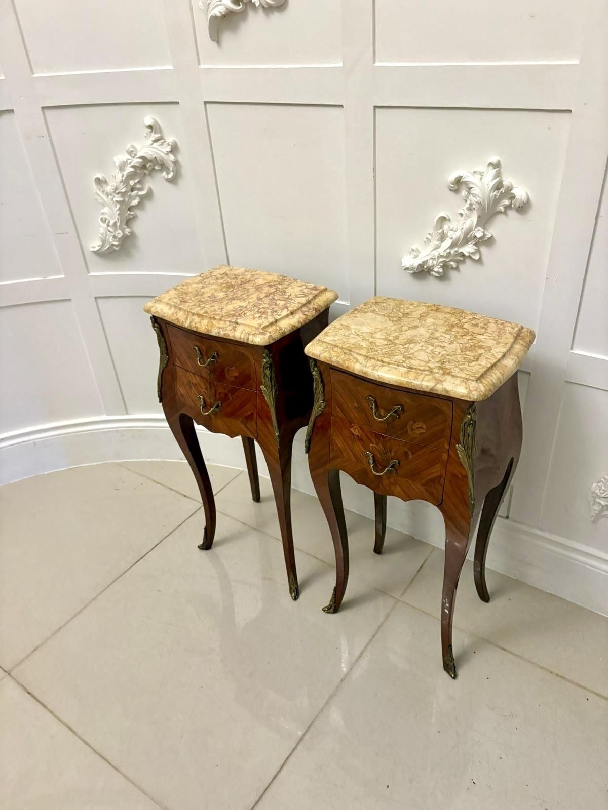 Exceptional Antique Pair Of Louis XV Style Kingwood And Marble Top Bedside Cabinets photo for sale
