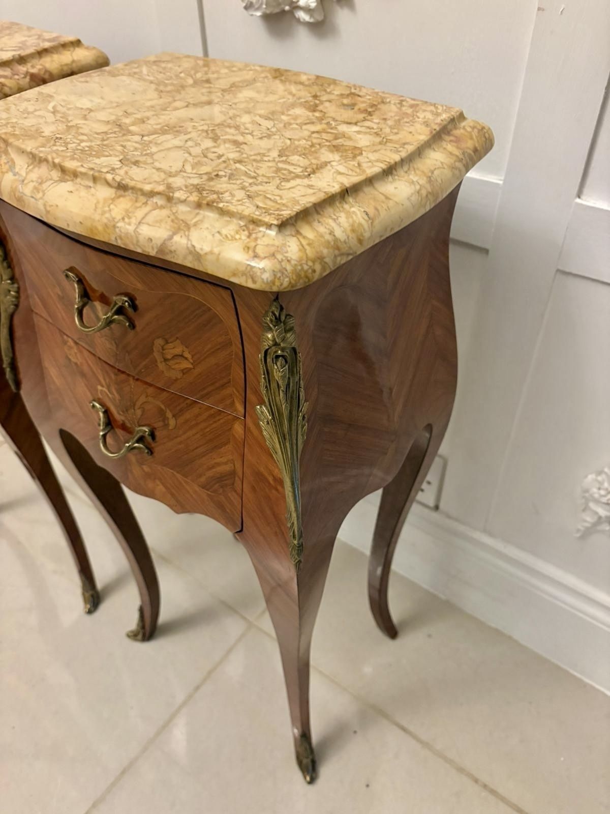 Exceptional Antique Pair Of Louis XV Style Kingwood And Marble Top Bedside Cabinets photo vintage