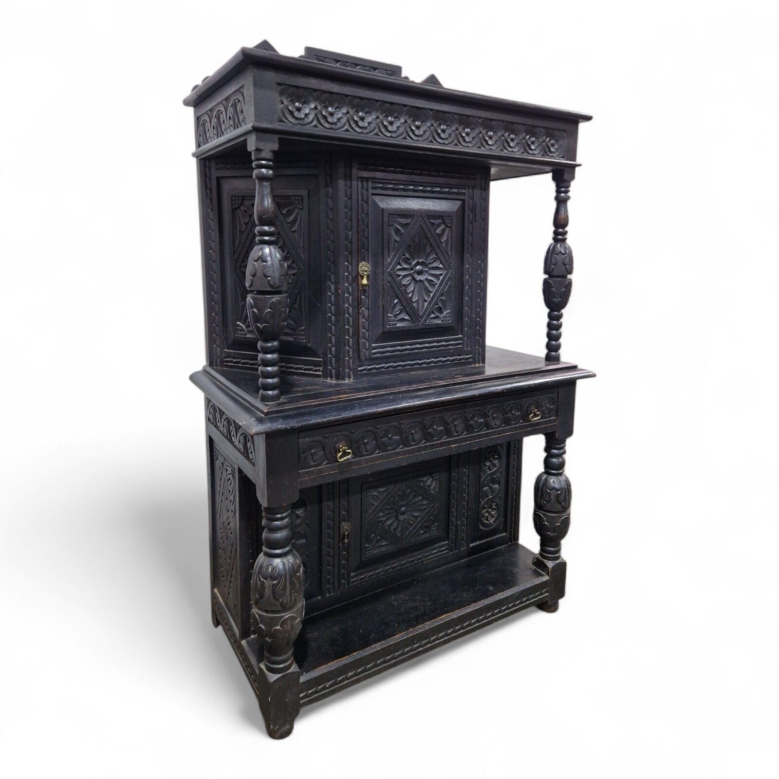 Antique Oak Court Cupboard   Heavily Carved Double Cupboard / Cabinet Ebonised photo furniture