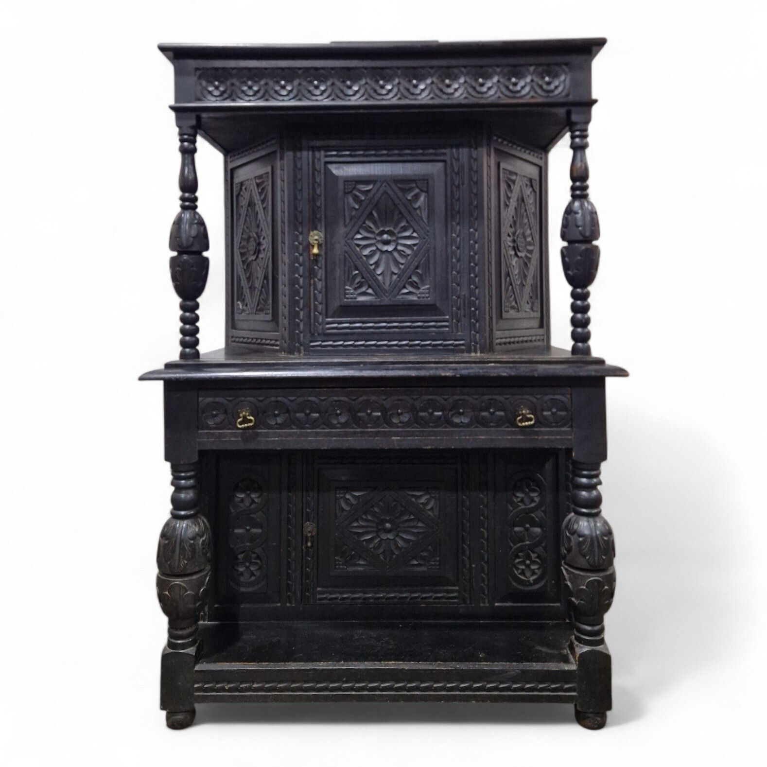 Antique Oak Court Cupboard   Heavily Carved Double Cupboard / Cabinet Ebonised photo for sale