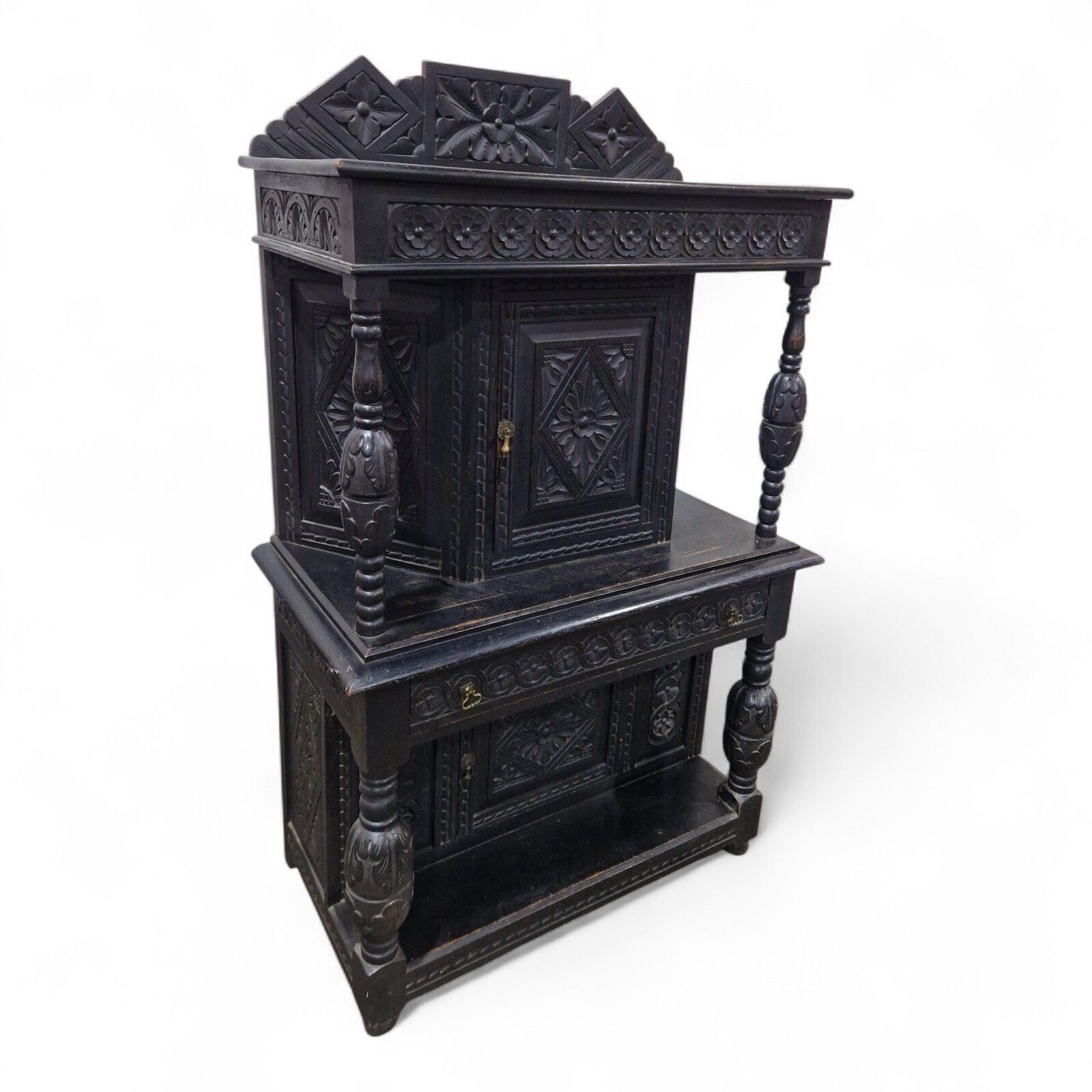 Antique Oak Court Cupboard   Heavily Carved Double Cupboard / Cabinet Ebonised photo 395.0