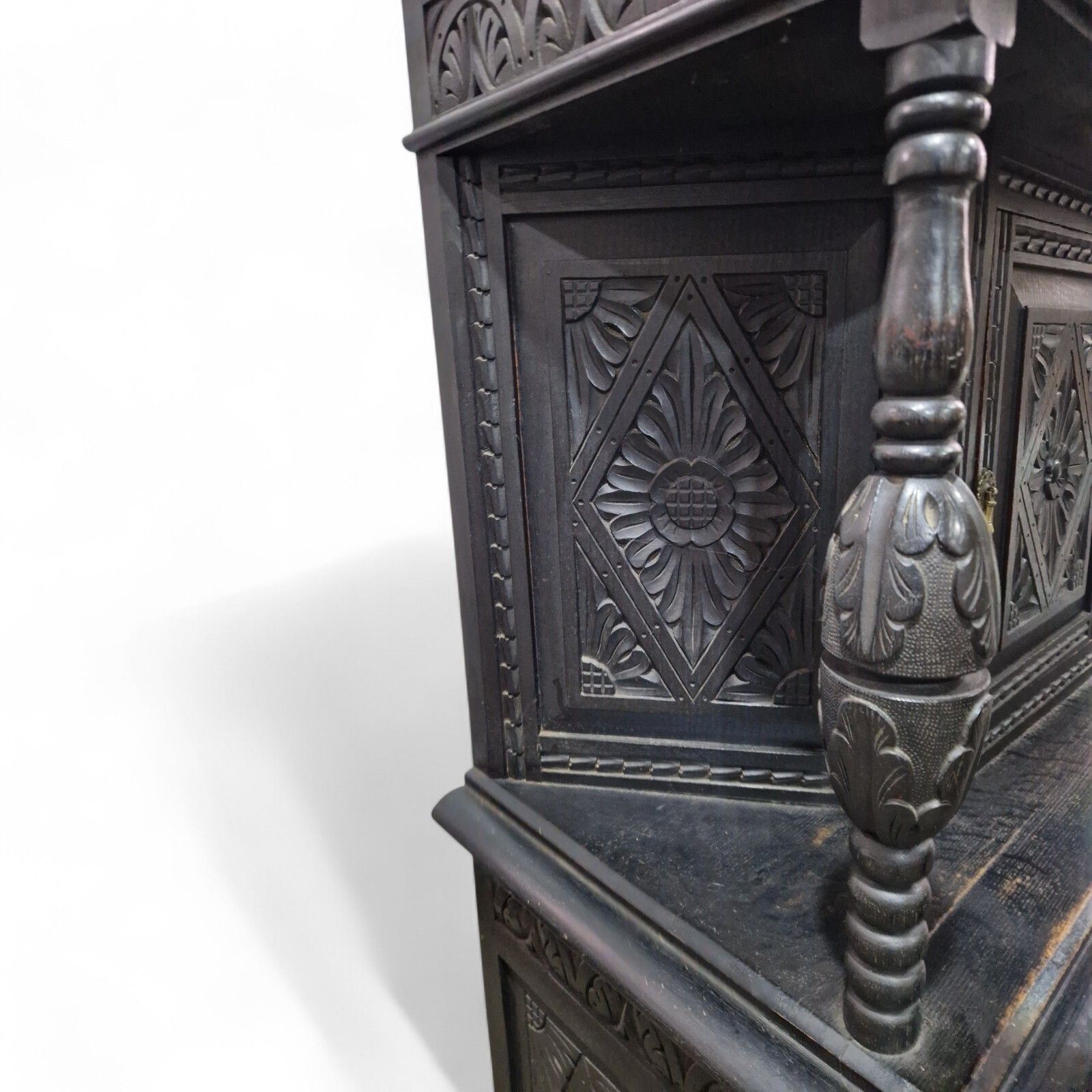 photo for sale Antique Oak Court Cupboard   Heavily Carved Double Cupboard / Cabinet Ebonised