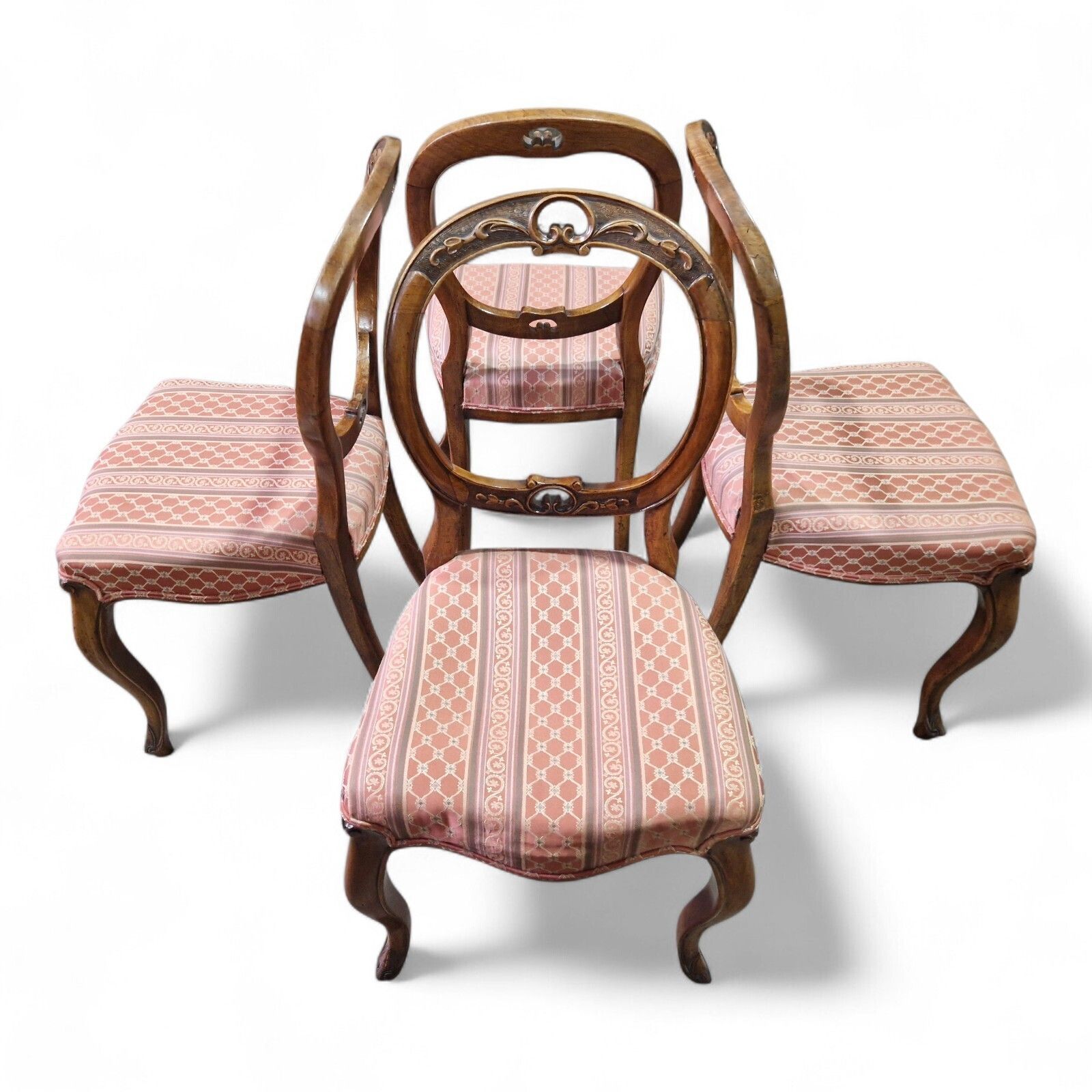 Victorian Walnut Balloon Back Chairs Set 4 Cabriole Legs Antique Carved Seating