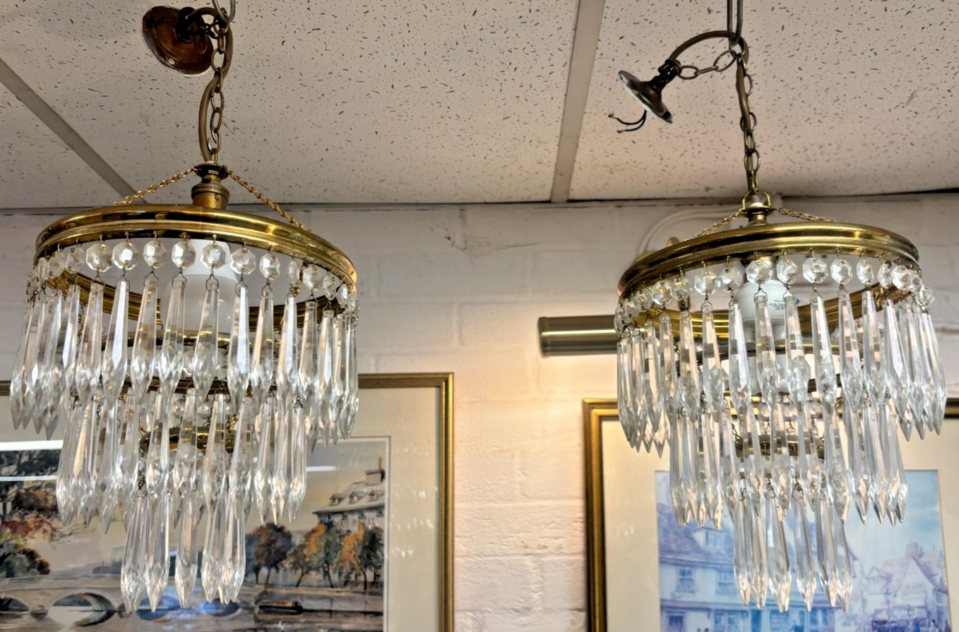 Pair Of 1970's French Style Three Tier Crystal Glass Spokes Chandeliers