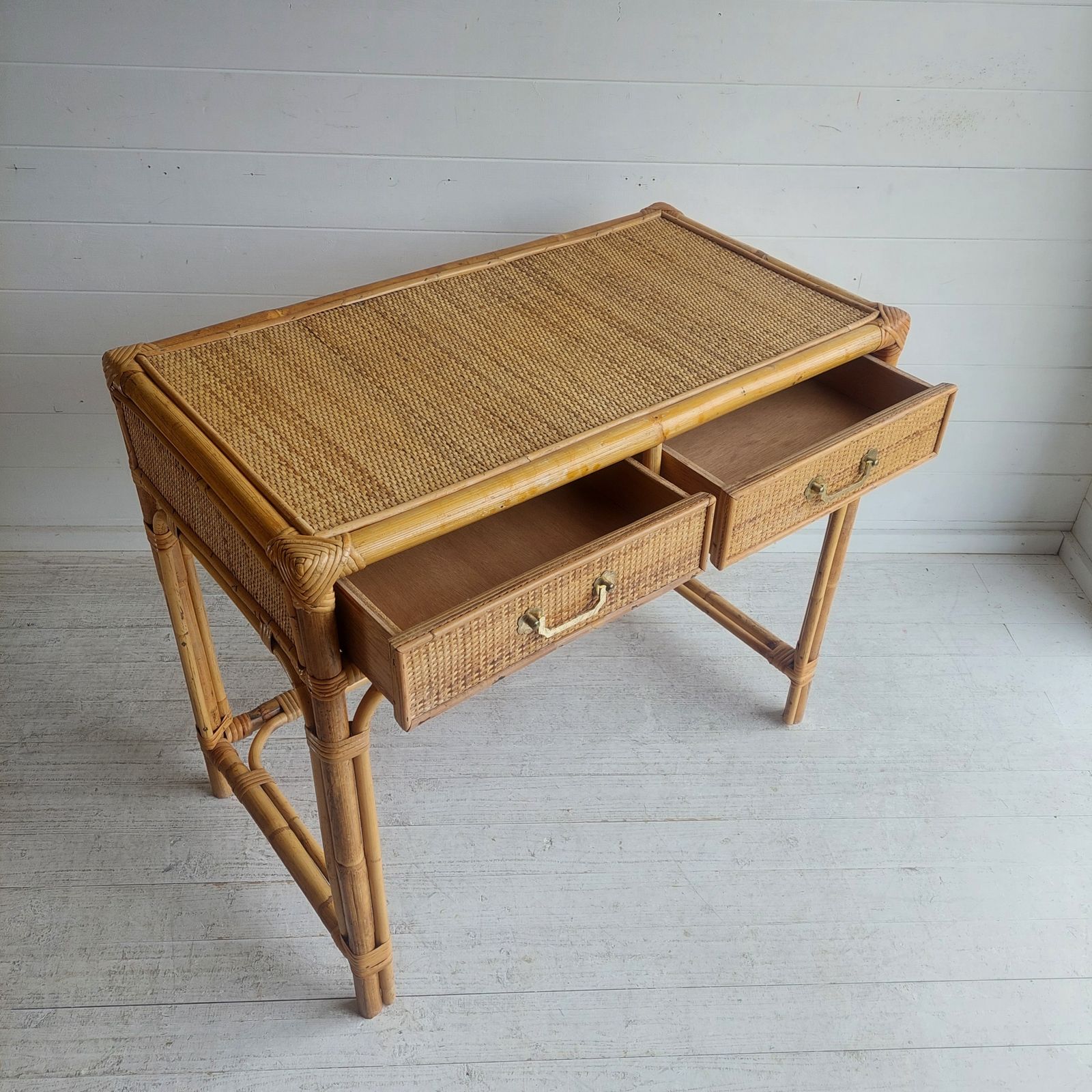 photo furniture Mid Century Bamboo & Rattan Dressing Table Vintage Angraves Desk Console Table 70s