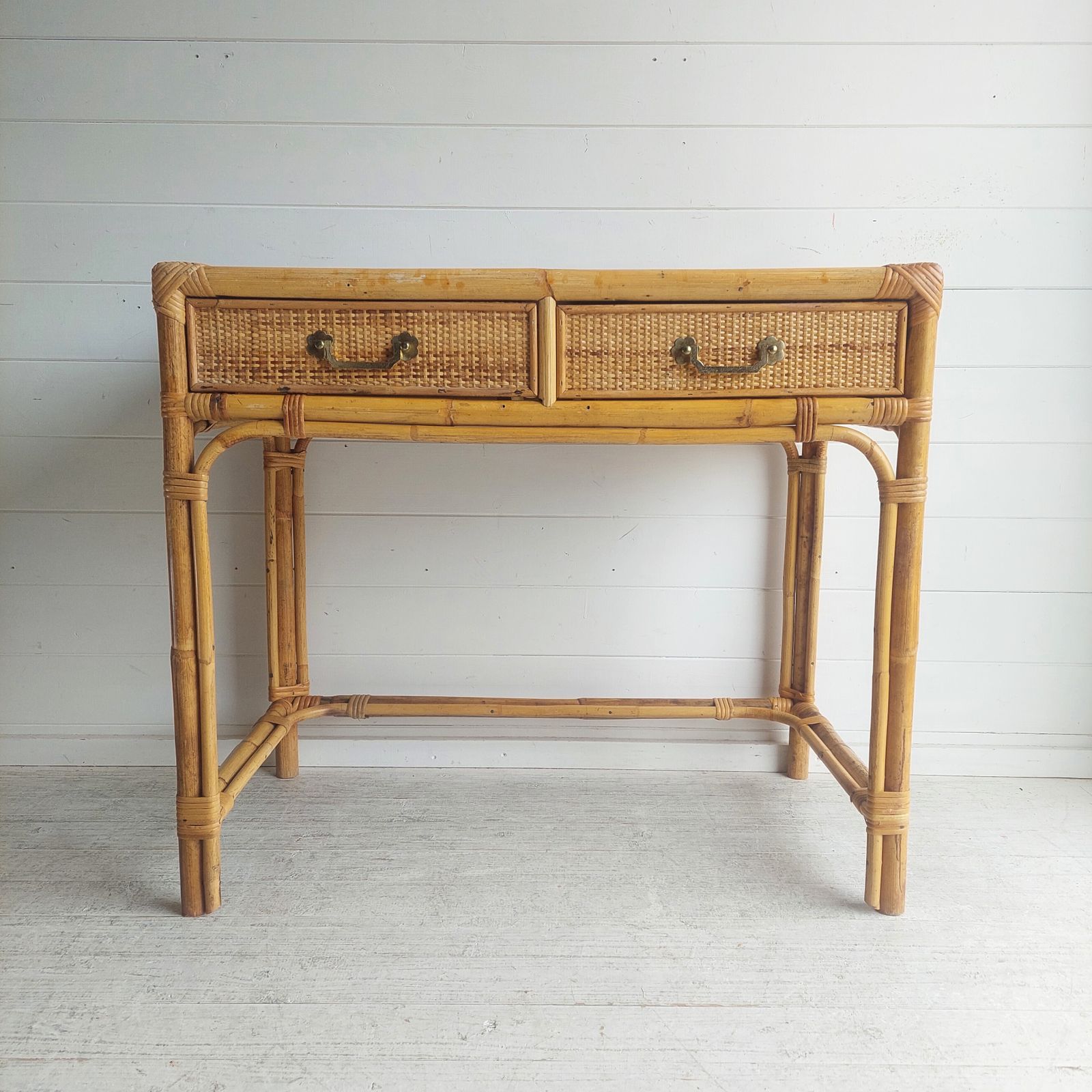 Mid Century Bamboo & Rattan Dressing Table Vintage Angraves Desk Console Table 70s photo for sale