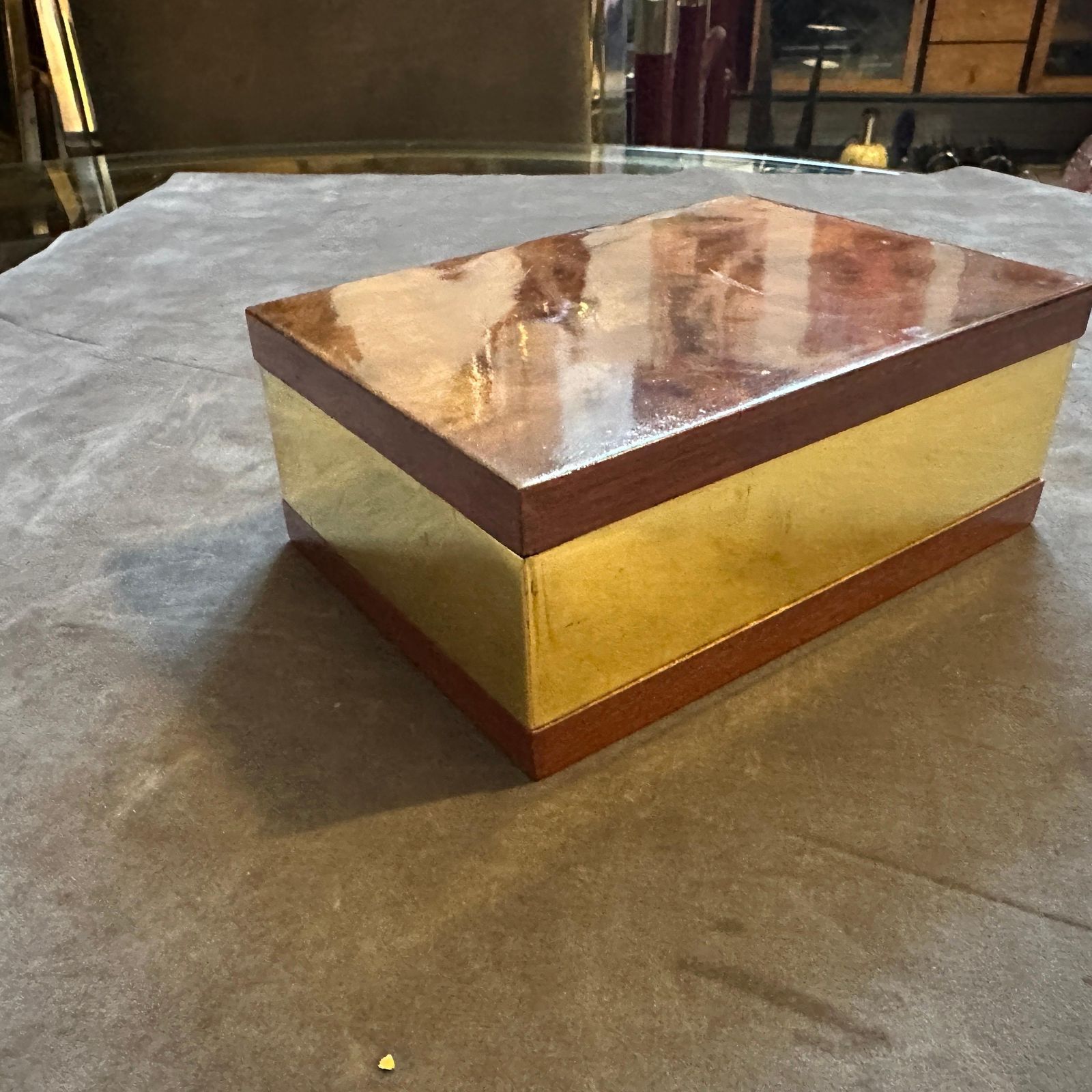 1970s Mid Century Modern Walnut Root And Gilt Metal Italian Luxury Box photo for sale