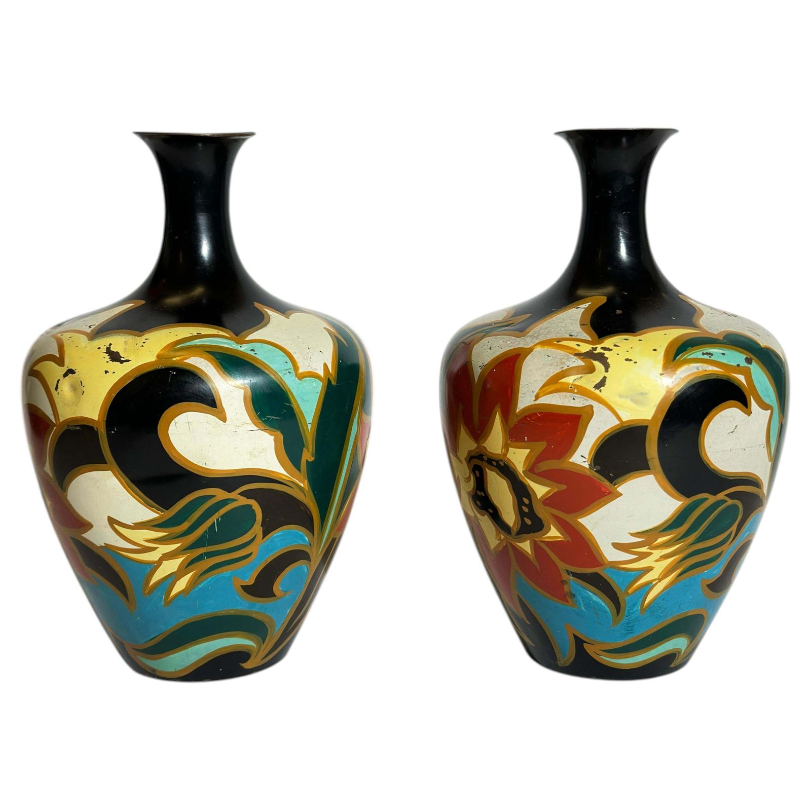 Pair Of Dutch Art Deco Enamelled Brass Vases By Metawa In Gouda Style, 1920s