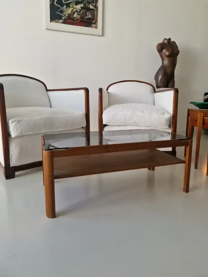 Vintage Mid Century Coffee Table Myer Teak And Smoke Glass photo vinterior