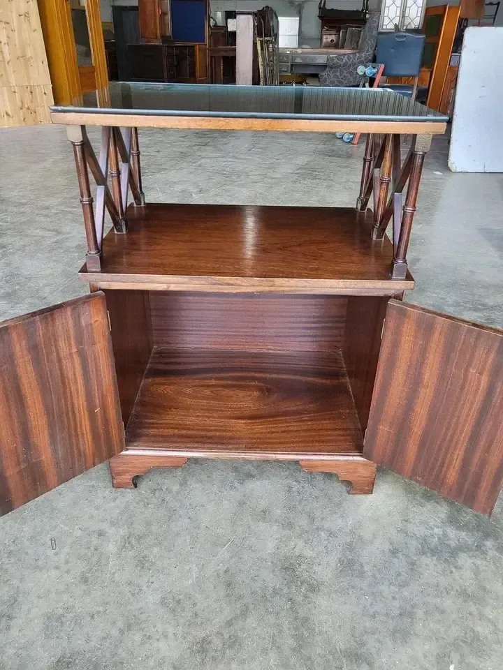 Antique Repro Mahogany 2 Tier Side End Cabinet Lamp Table photo for sale