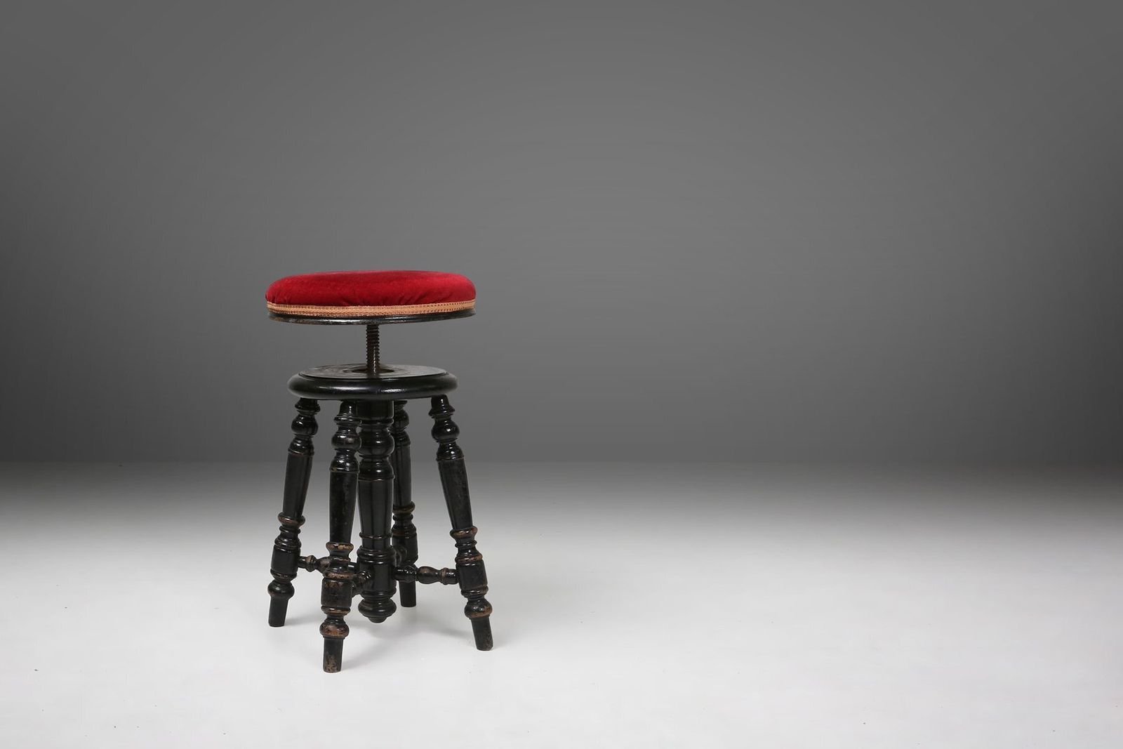 Art Deco Piano Stool In Black Lacquered Wood With Red Velvet, 1920s photo Furniture
