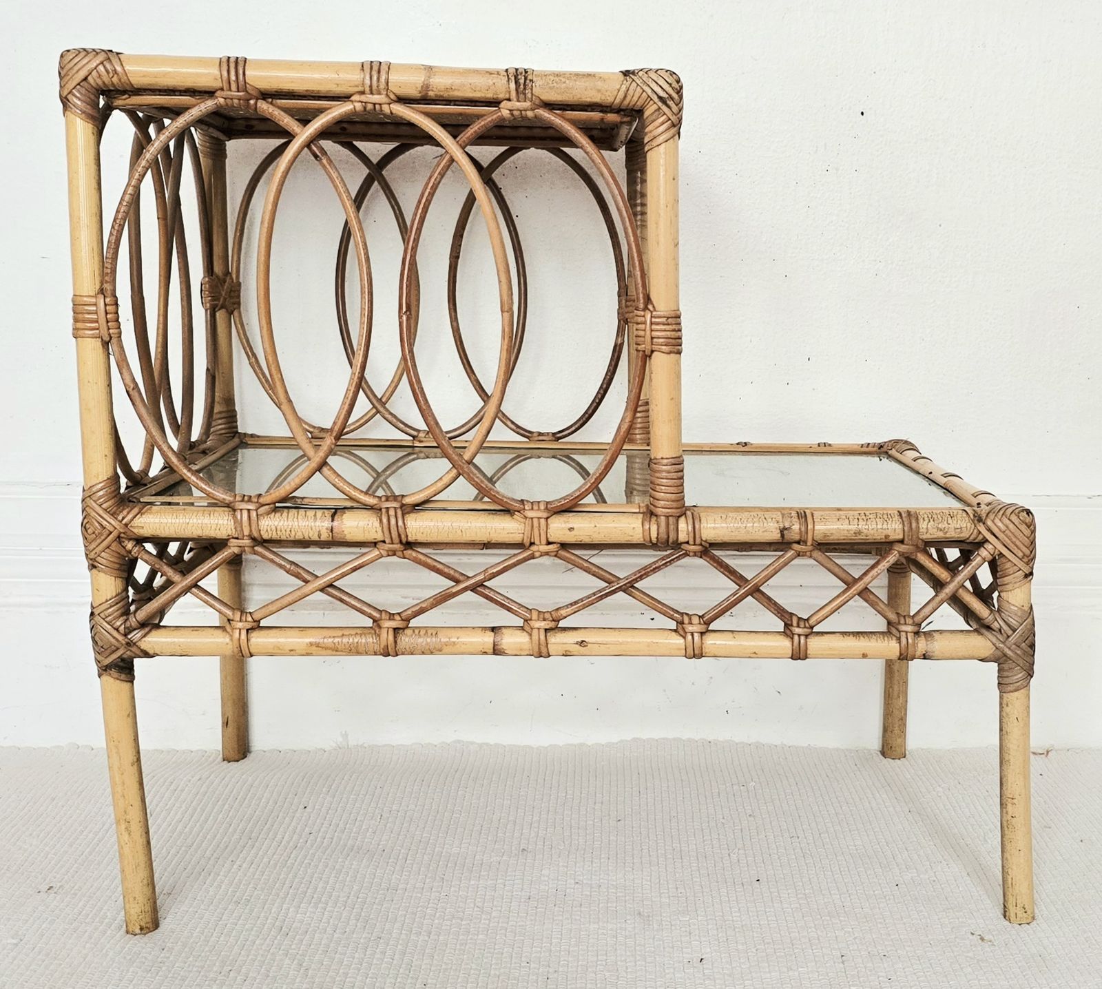 A Pair Of Mid Century French Bamboo & Glass Tiered Bedside Tables. photo Furniture