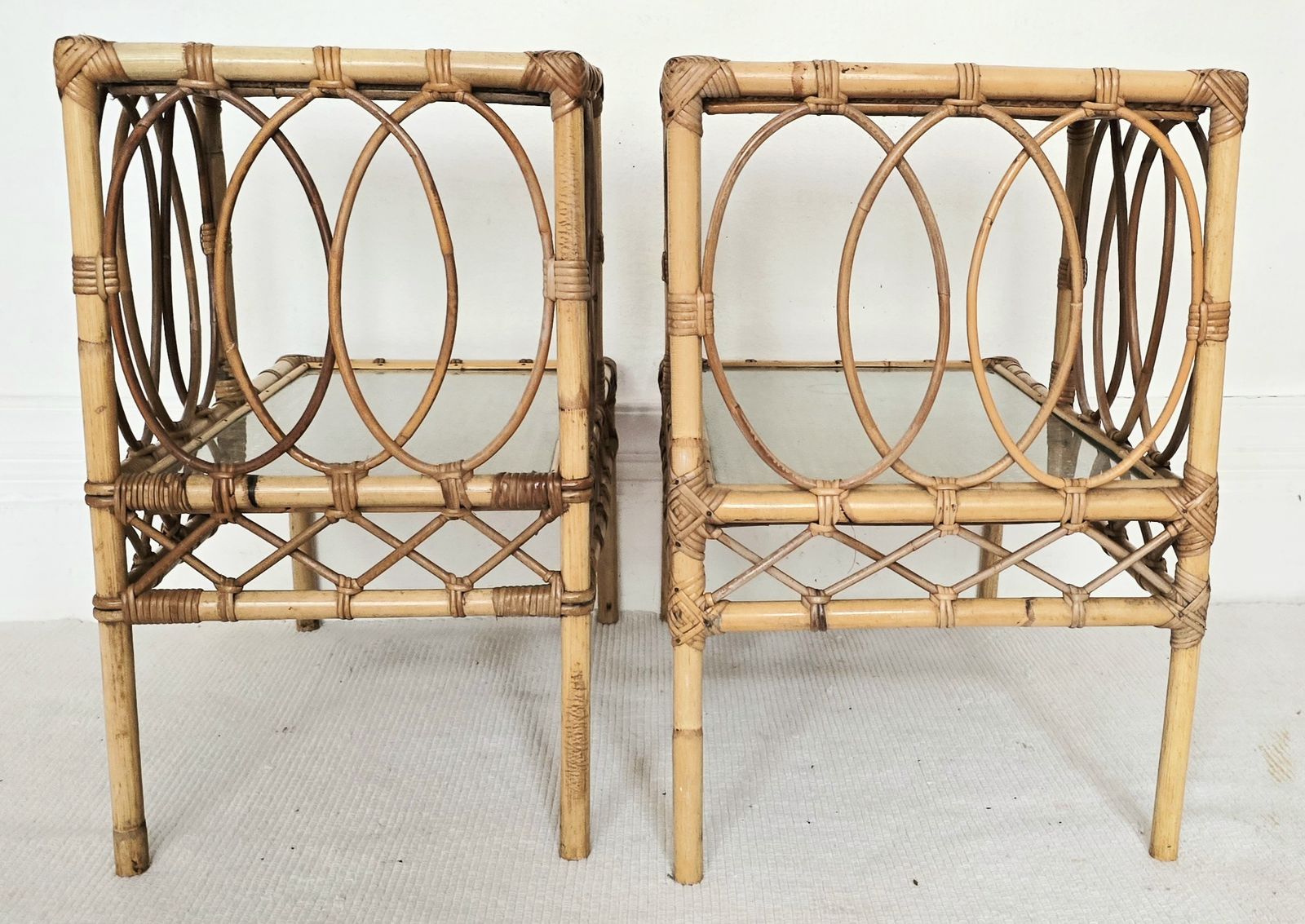 A Pair Of Mid Century French Bamboo & Glass Tiered Bedside Tables. photo buy