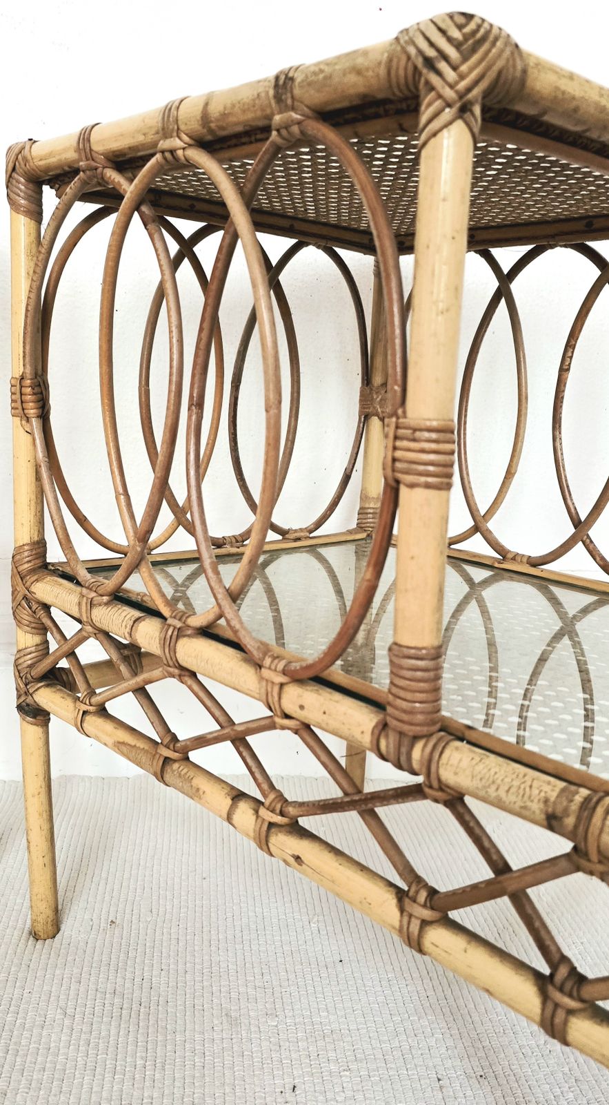 photo furniture A Pair Of Mid Century French Bamboo & Glass Tiered Bedside Tables.