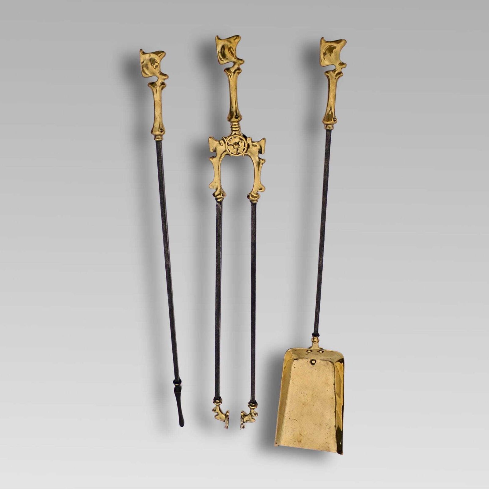 Original Antique Polished Brass & Cast Iron 3 Pc Companion Set Fire Irons Tools