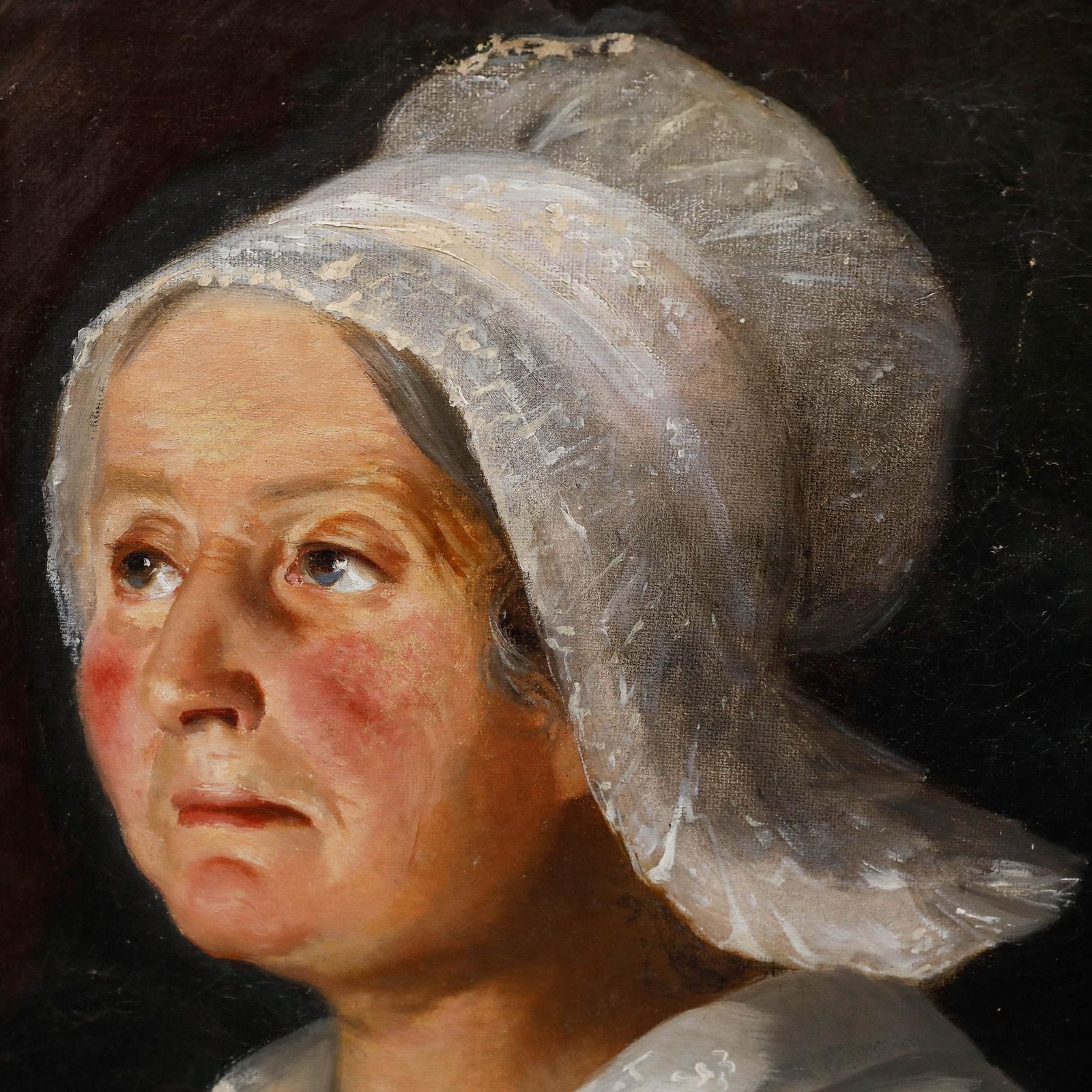 Framed 19th Century Oil   Portrait Of A Lady With A White Lace Bonnet photo 550.0