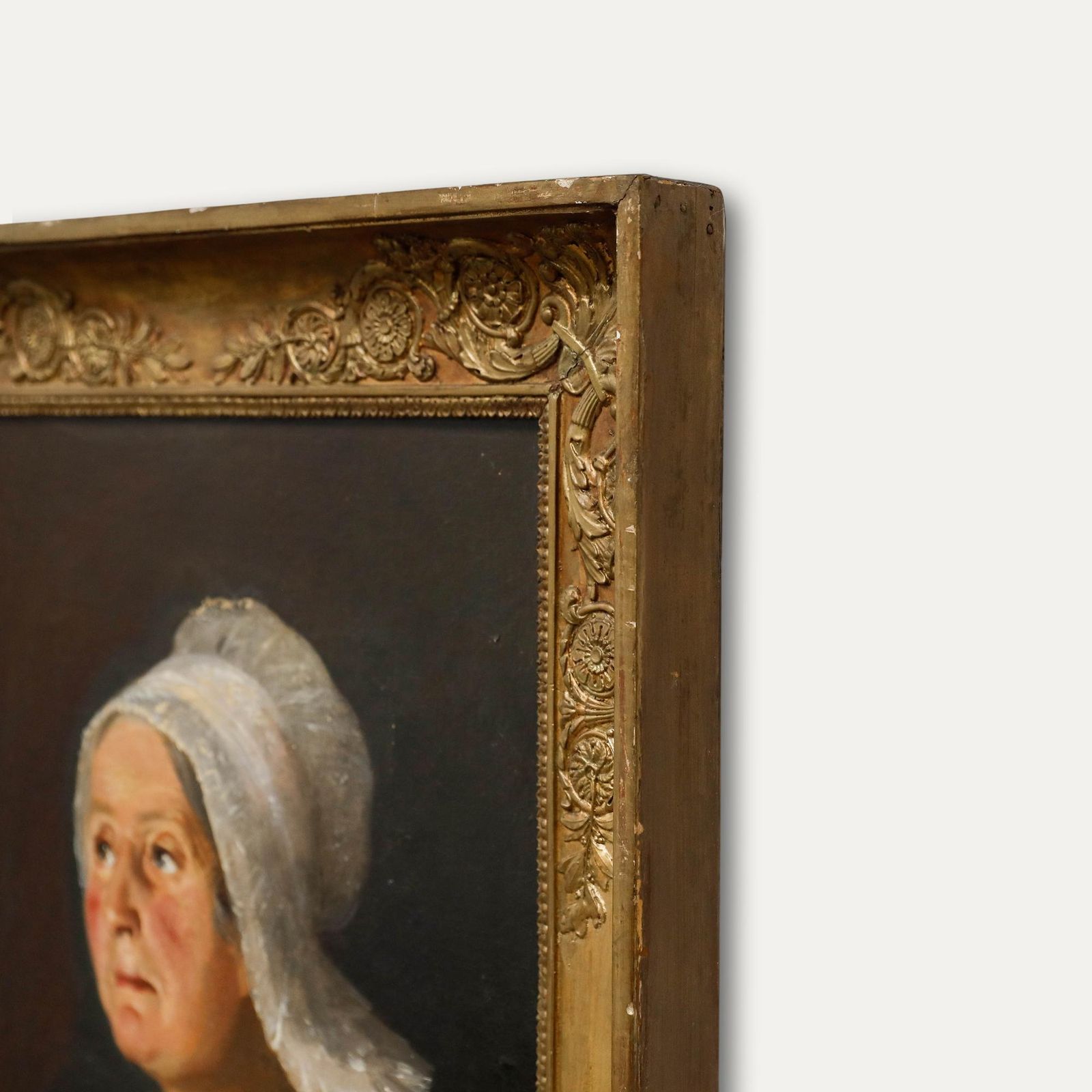 Framed 19th Century Oil   Portrait Of A Lady With A White Lace Bonnet photo vinterior