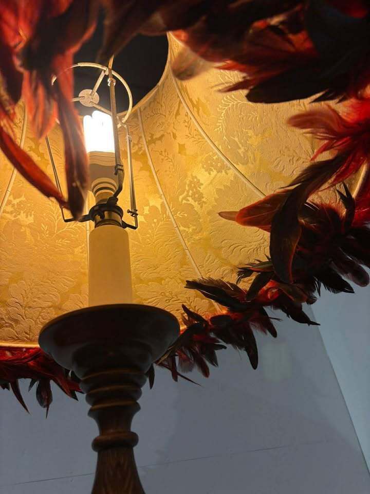 Vintage Carved Standard Lamp With Handmade Feather Shade photo furniture