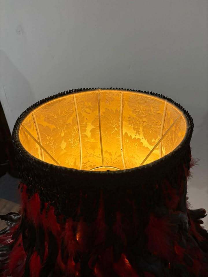 269.0 Vintage Carved Standard Lamp With Handmade Feather Shade photo