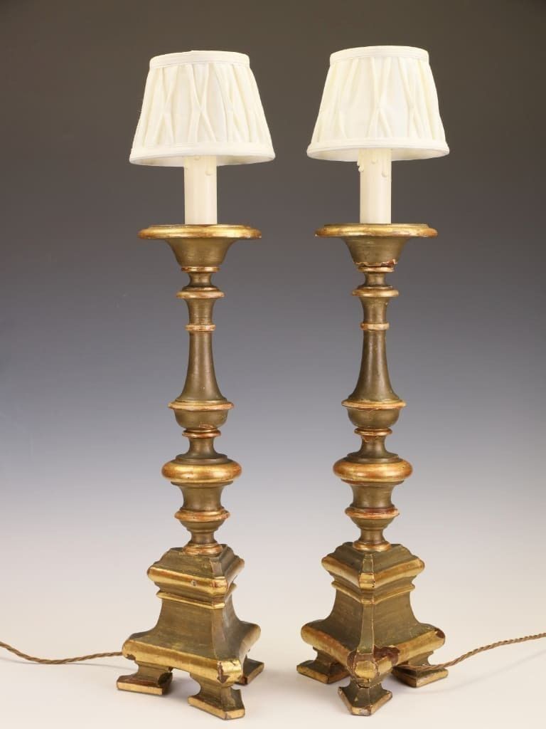 A Distinguished Pair Of 18th Century Giltwood & Polychrome Altarpiece Lamps