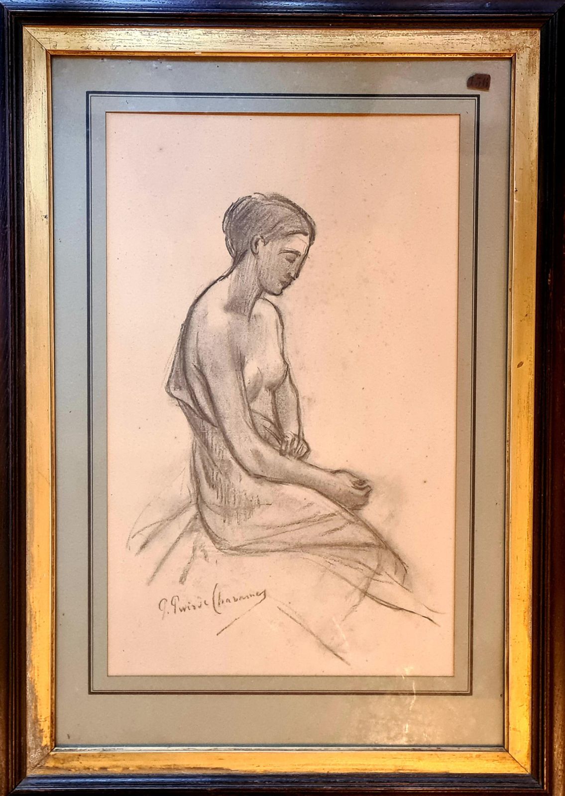 19th Century Academic Study Of Female Nude, Original Framed Charcoal Drawing
