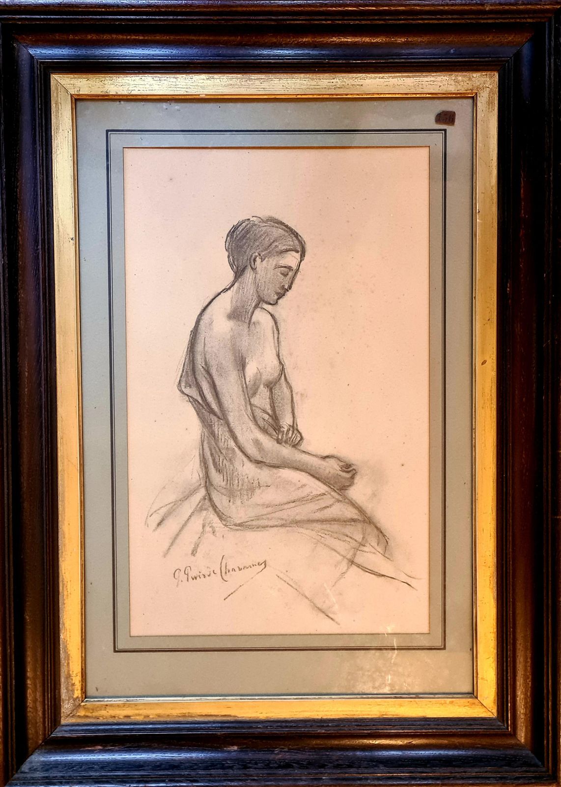 19th Century Academic Study Of Female Nude, Original Framed Charcoal Drawing photo furniture