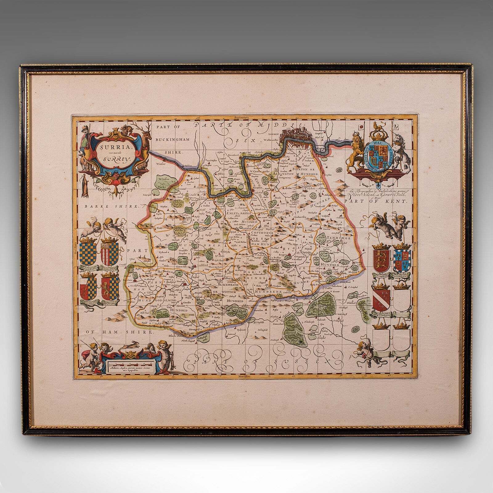 Antique Map Of Surrey, English, Framed County Cartography, After Blaeu, C.1690 photo furniture