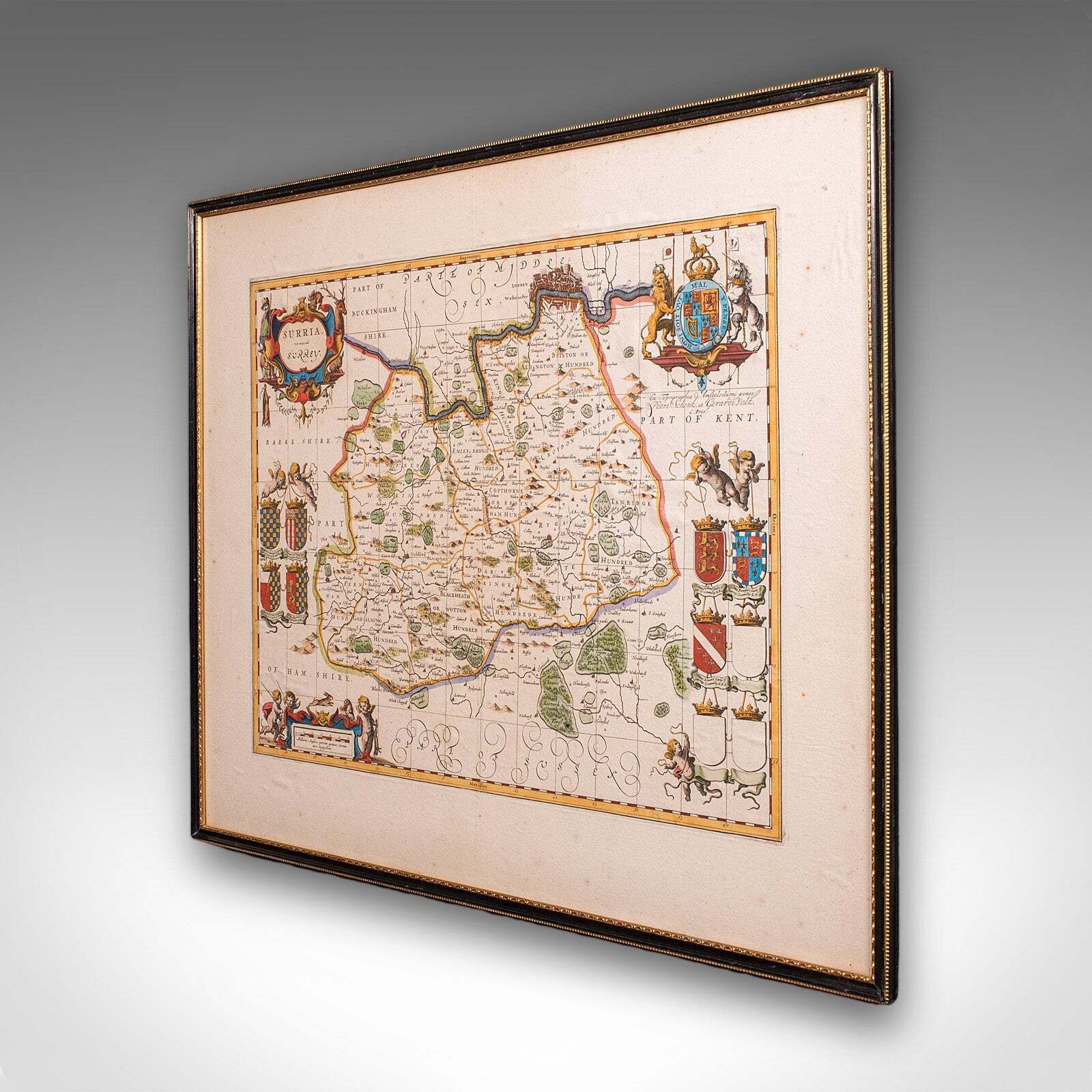 Antique Map Of Surrey, English, Framed County Cartography, After Blaeu, C.1690 photo for sale