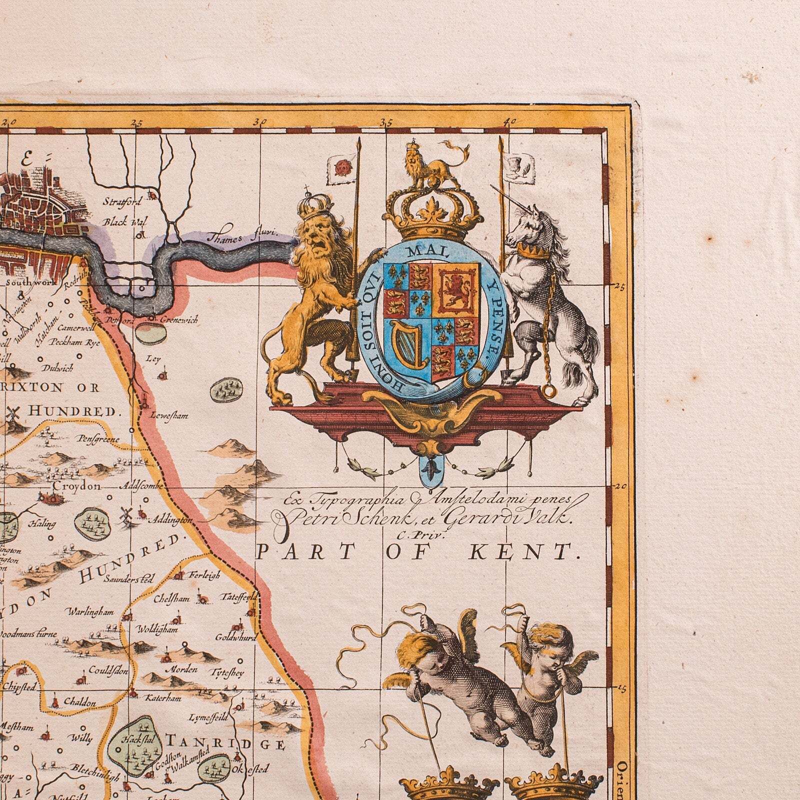 Antique Map Of Surrey, English, Framed County Cartography, After Blaeu, C.1690 photo 911.0