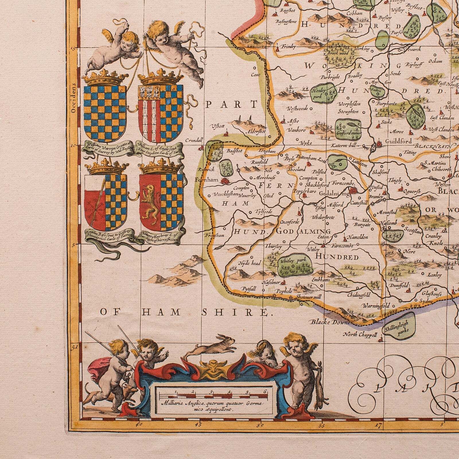 Antique Map Of Surrey, English, Framed County Cartography, After Blaeu, C.1690 photo vinterior