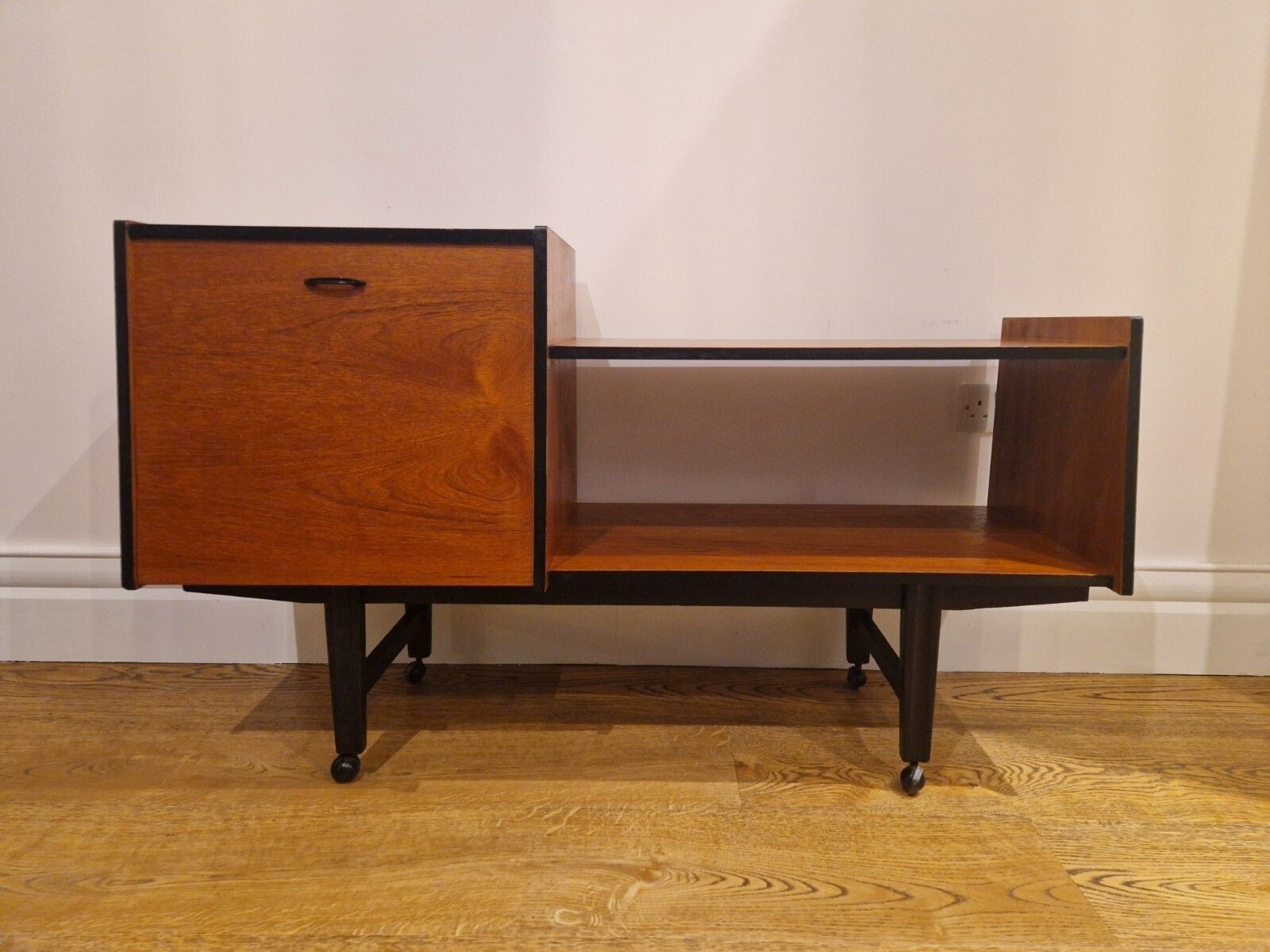 Refurbished Mid Century Modern Teak Record & Media Cabinet With Black Accents photo for sale