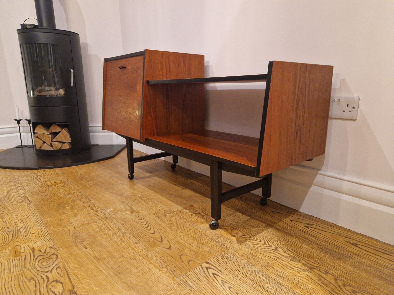 Refurbished Mid Century Modern Teak Record & Media Cabinet With Black Accents photo Furniture